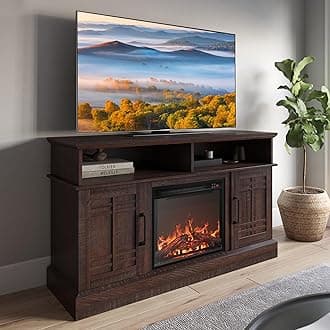 BELLEZE 48" TV Stand with 18" Electric Fireplace Heater, Modern TV Stand for TVs up to 50", Entertainment Media Stand with Open Shelves and Storage Cabinets for Living Room, Bedroom (Espresso)