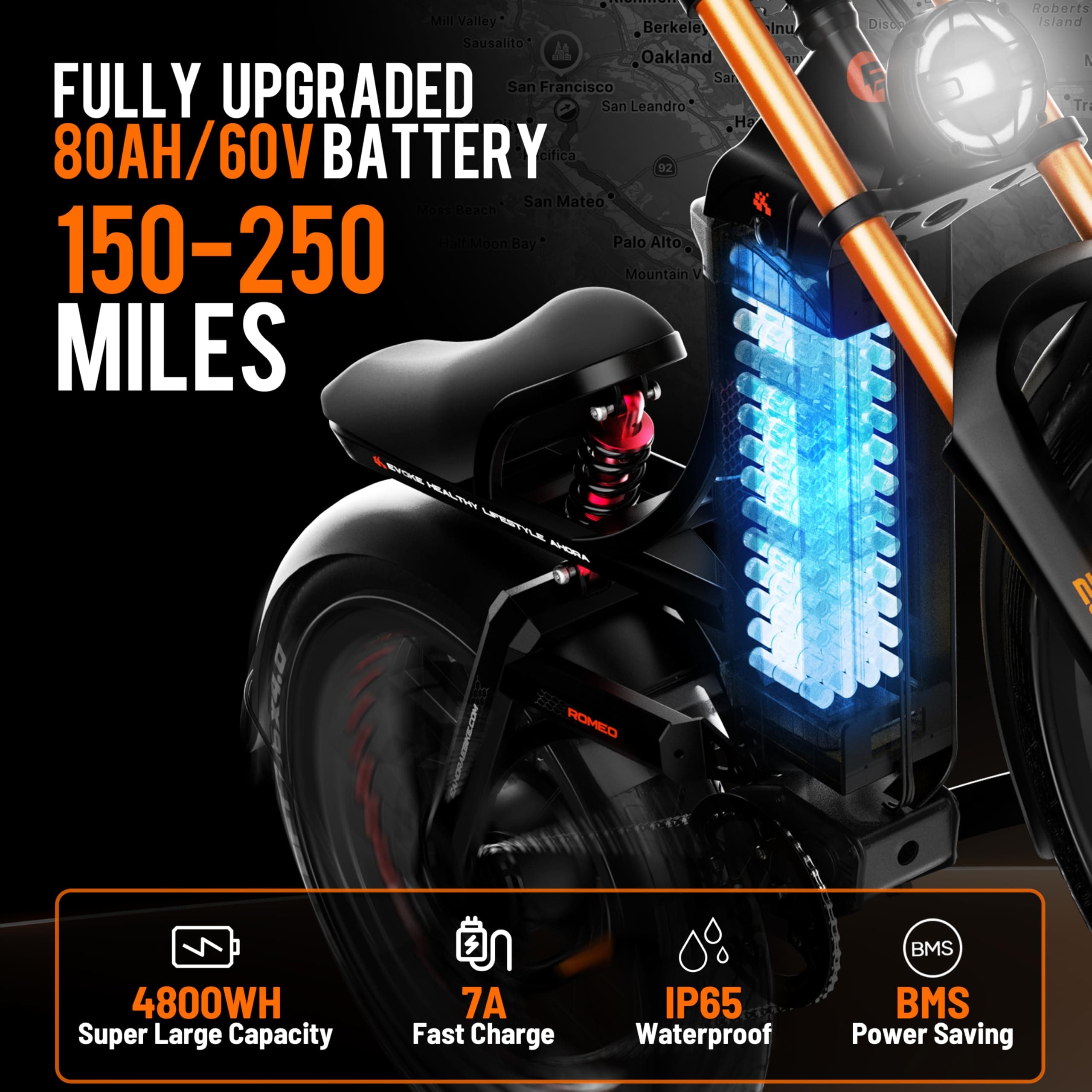 eAhora Romeo Pro 3 (2025 Launch) 5000W Electric Bike for Adults, 60V/80AH 200+Miles Long Range Ebike, 50Mph Dual Motors Ebike, 26 * 4.0" Fat Tire Electric Mountain Bike Black+Rack+Basket