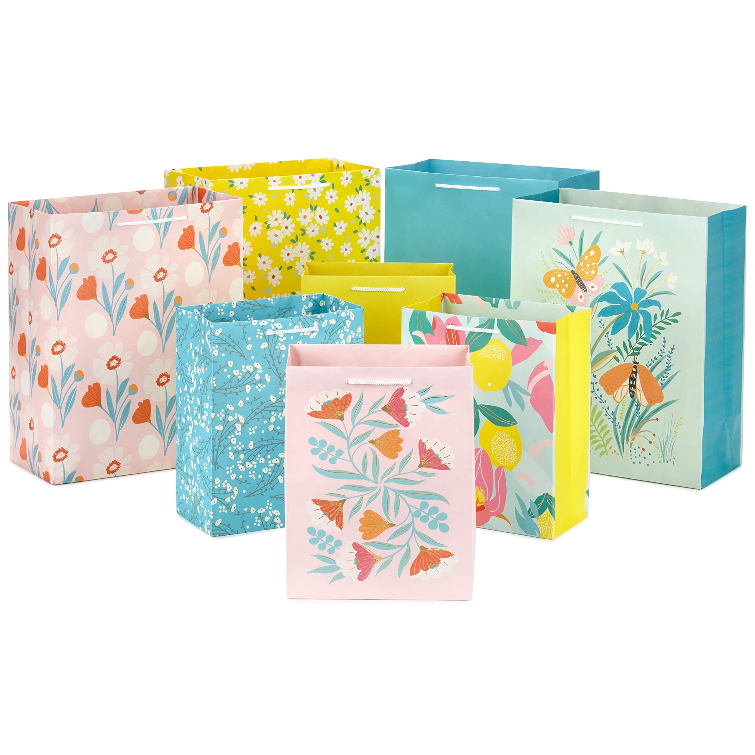 Spring Gift Bags in Assorted Sizes (8 Bags: 4 Medium 9", 4 Large 13") Florals, Lemons, Teal, Pink and Yellow for Easter, Birthdays, Mother's Day, Bridal Showers