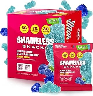 Shameless Snacks - Healthy Low Calorie Snacks, Low Carb Keto Gummies (Gluten Free Candy) - 6 Pack Sour Blue Raspberry