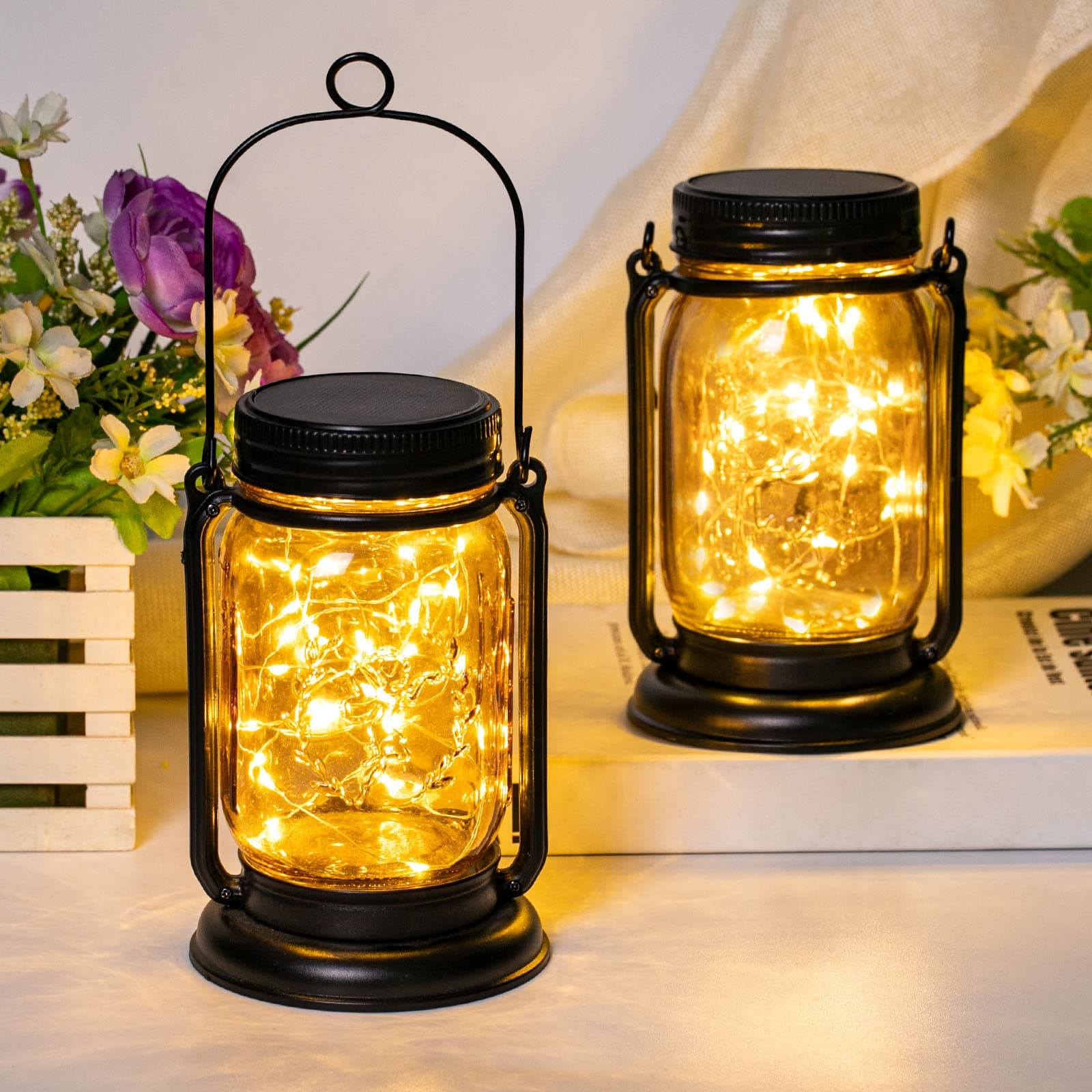 Solar Lanterns Fairy Lights, 2 Pack Solar Mason Jar Lights, Hanging Solar Lanterns Outdoor Waterproof, Glass Jar Starry Fairy Light with 30 LEDs for Garden Patio Party Xmas Holiday (Warm White)