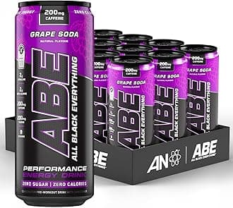 ABE Pre Workout Cans - All Black Everything Energy + Performance Drink, ABE Carbonated Beverage Sugar Free with Caffeine (Pack of 12 Cans x 330ml) (American Grape)