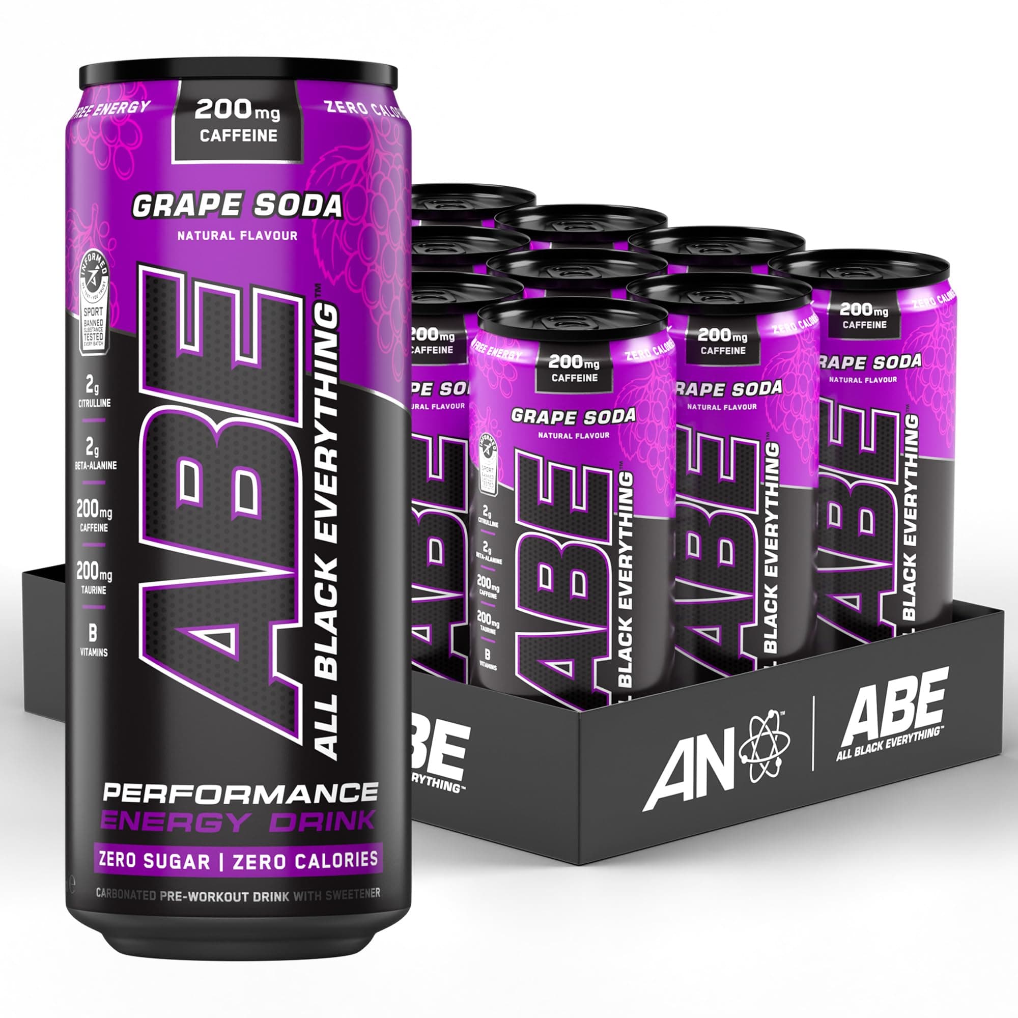 ABE Pre Workout Cans - All Black Everything Energy + Performance Drink, ABE Carbonated Beverage Sugar Free with Caffeine (Pack of 12 Cans x 330ml) (Grape Soda)