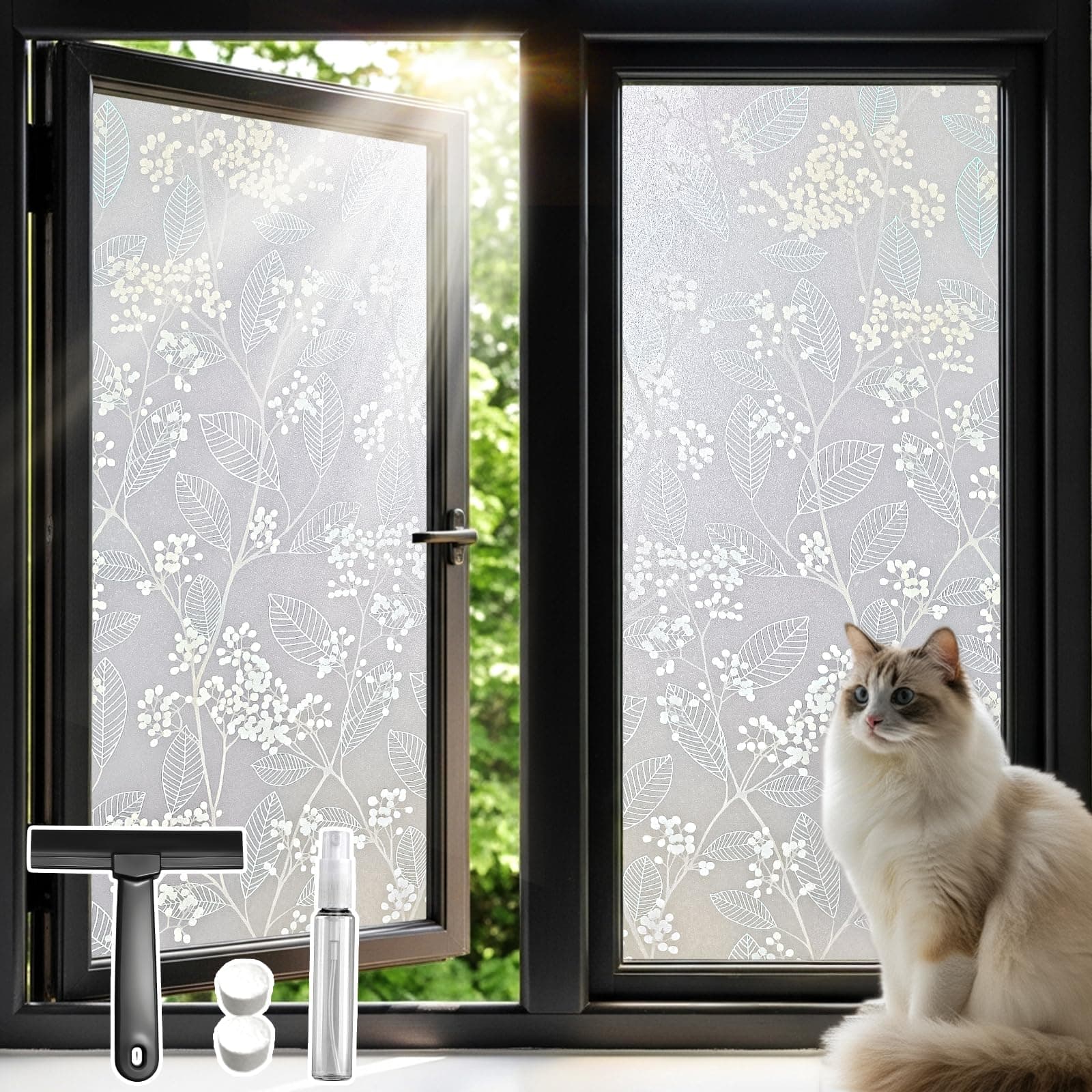 Qualsen Window Film Privacy Frosted Window Films Leaf Pattern Decorative Privacy Film for Glass Windows Non Adhesive Anti UV Static Cling, for Home Kitchen Bedroom (44.3 x 200 cm)
