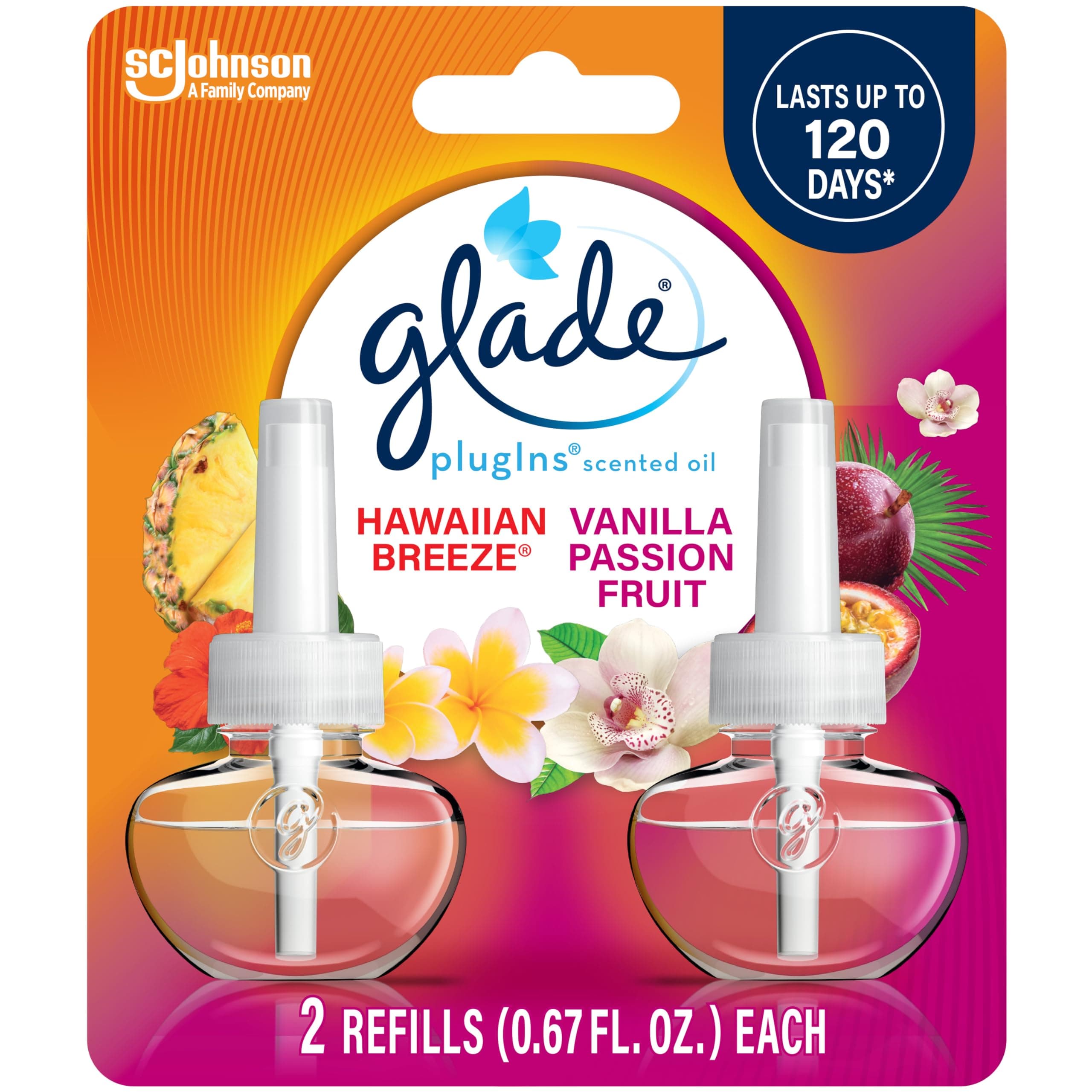 Glade PlugIns Refills Air Freshener, Scented and Essential Oils for Home and Bathroom, Hawaiian Breeze & Vanilla Passion Fruit, 0.67 Fl Oz (Pack of 2)