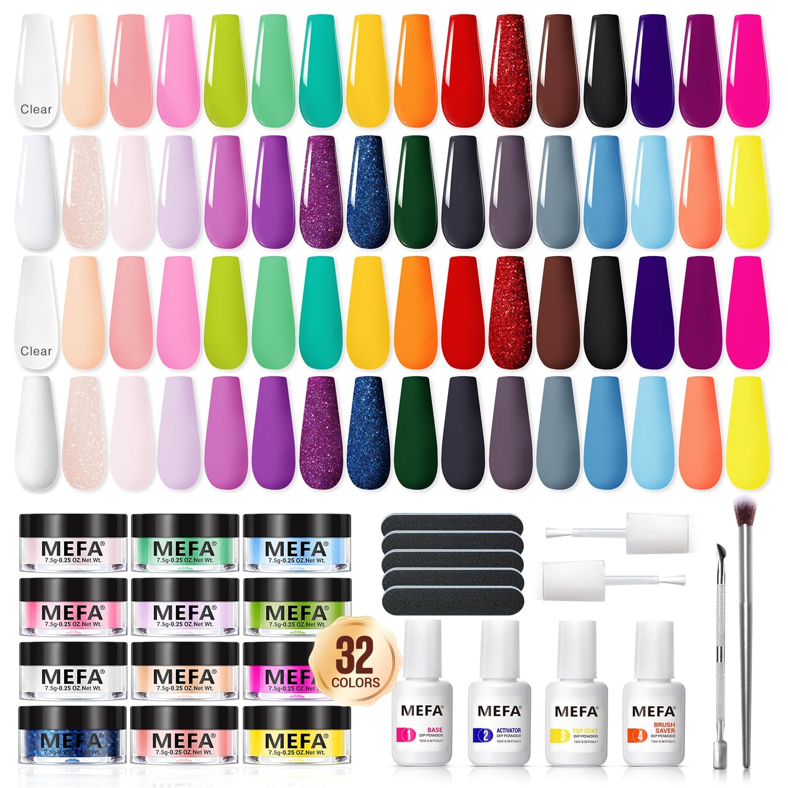 MEFA Dip Powder Nail Kit 32 Colors Spring Summer, Hot Pink Pastel Violet Neon Orange Glitter Shimmery Dipping Powder with Base Top Coat Activator Brush Saver Liquid Set French Nail Art Manicure Salon