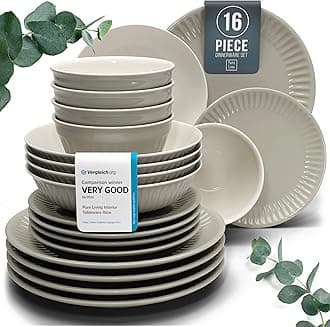 16-Piece Dinnerware Set - Bowl and Plate Set - Stoneware Dining Set for 4 People - Dishwasher and Microwave Safe - Grooved Dining Service in Light Brown