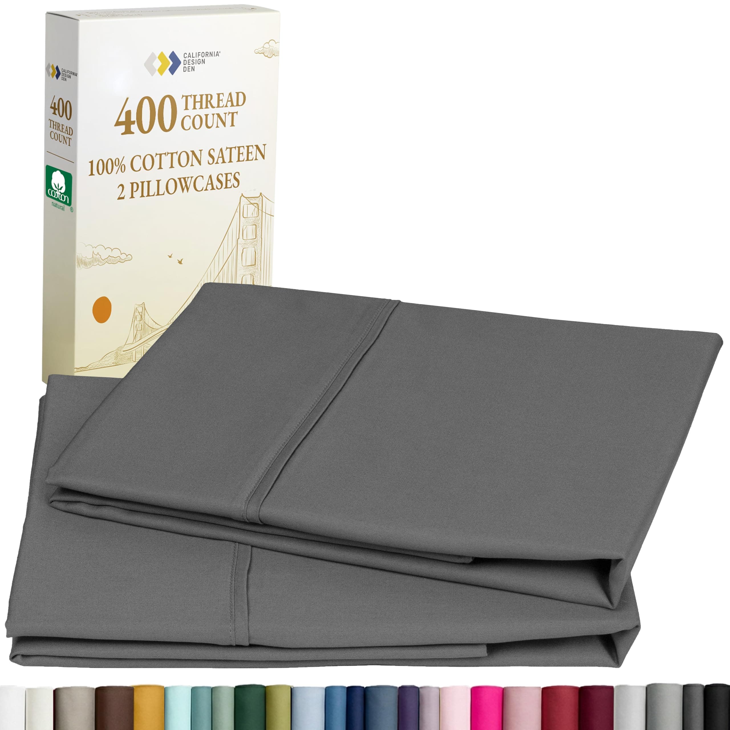 California Design Den Standard Queen Size Pillowcase Set - 400 Thread Count, 100% Cotton Sateen, Set of 2 Pillow Covers, Soft and Breathable - Grey Size