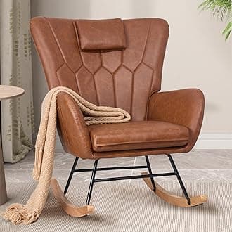 Rocking Chair Nursery with Thick Headrest, Modern PU Upholstered Reading Glider Rocker Accent Armchair with High Backrest, Padded Seat, Side Pocket, for LivingRoom, Bedroom, Baby Room, Brown