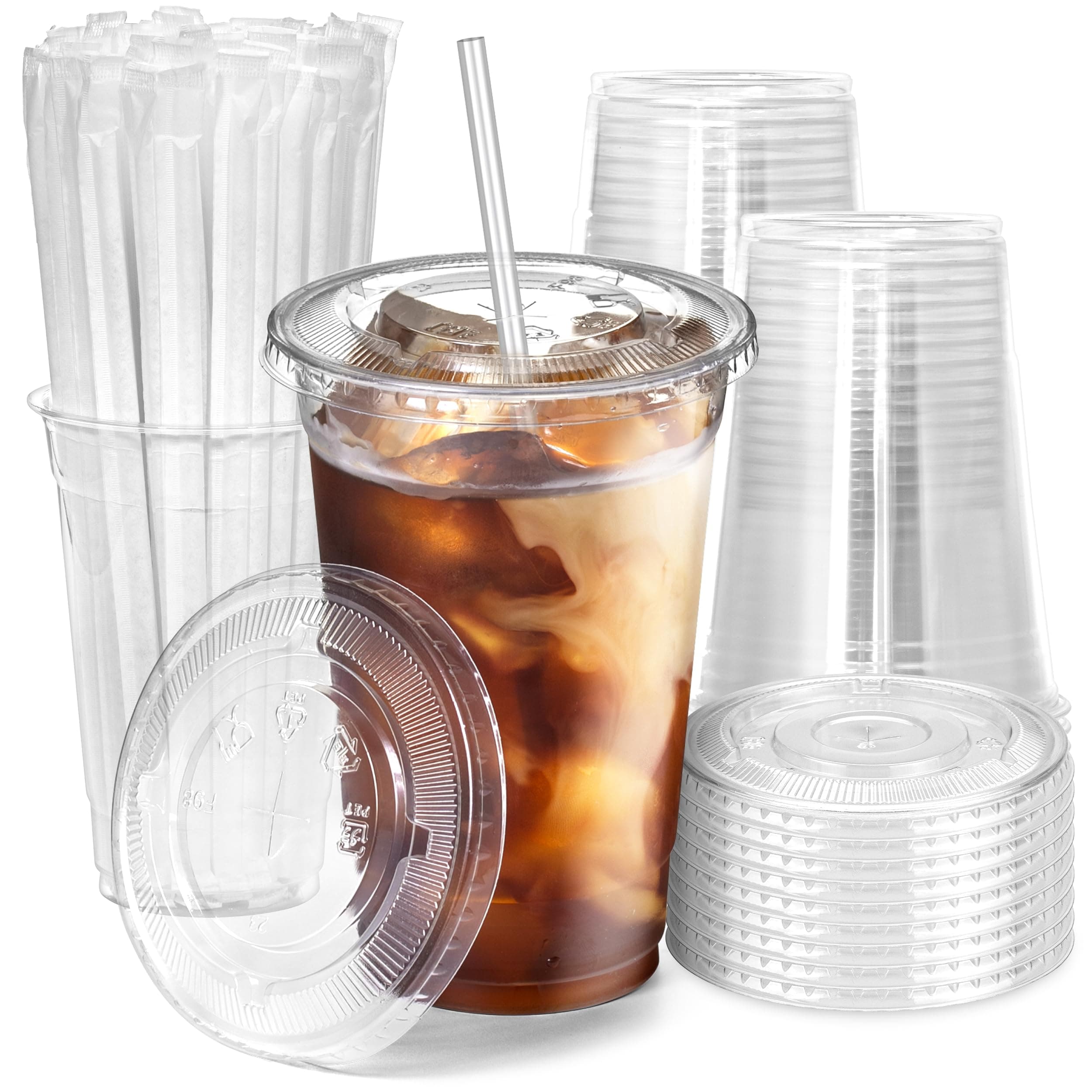Fit Meal Prep 600 Pack 20 oz Plastic Iced Coffee Cups with Flat Lids and Clear Straws, Disposable Clear Cup, BPA Free Cup for Party, Smoothie, Cold Drinks, Juice, Milkshake, Bubble Boba, Tea