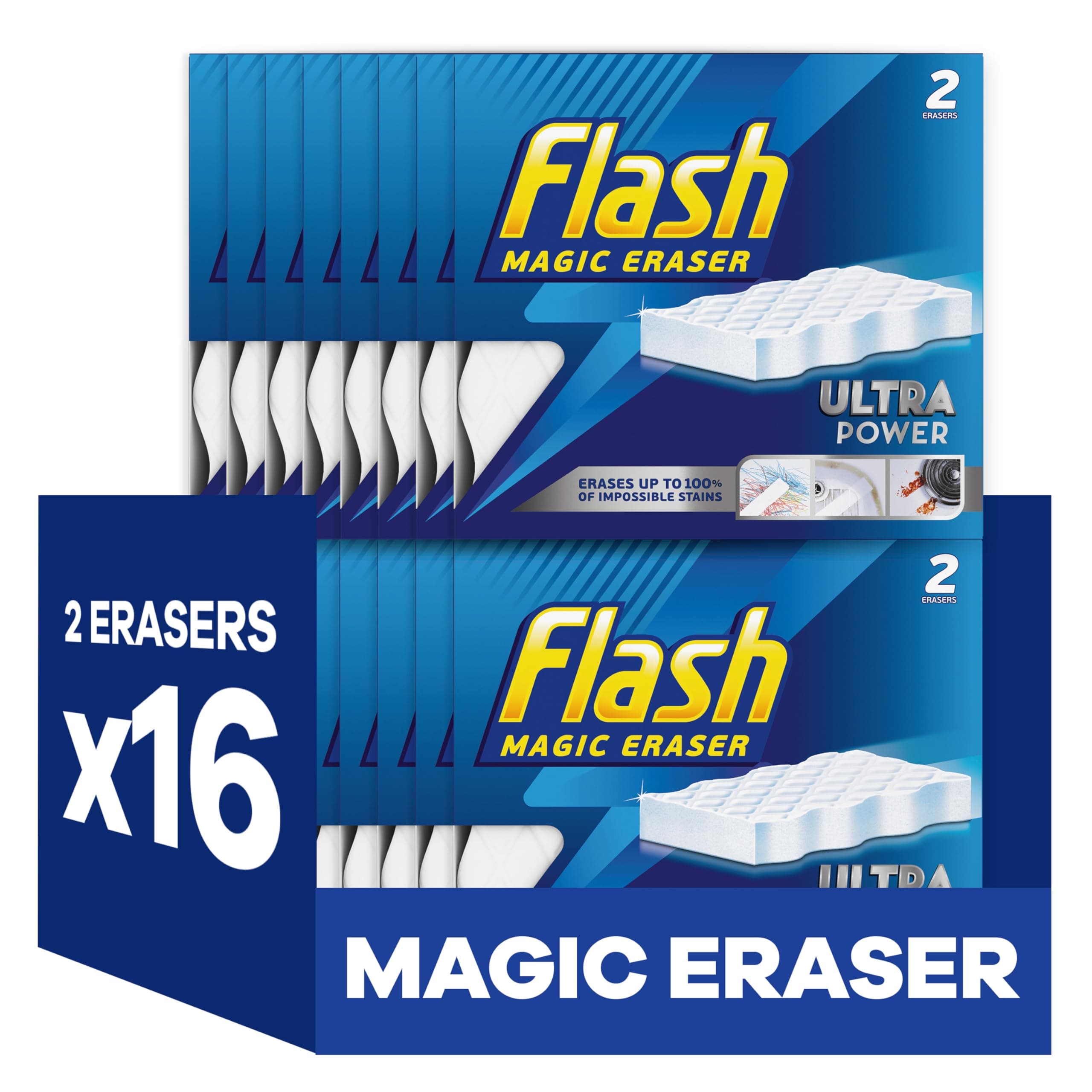 Ultra Power Magic Eraser, Stain Remover, 32 Erasers (16x2), Multi Surface Cleaner