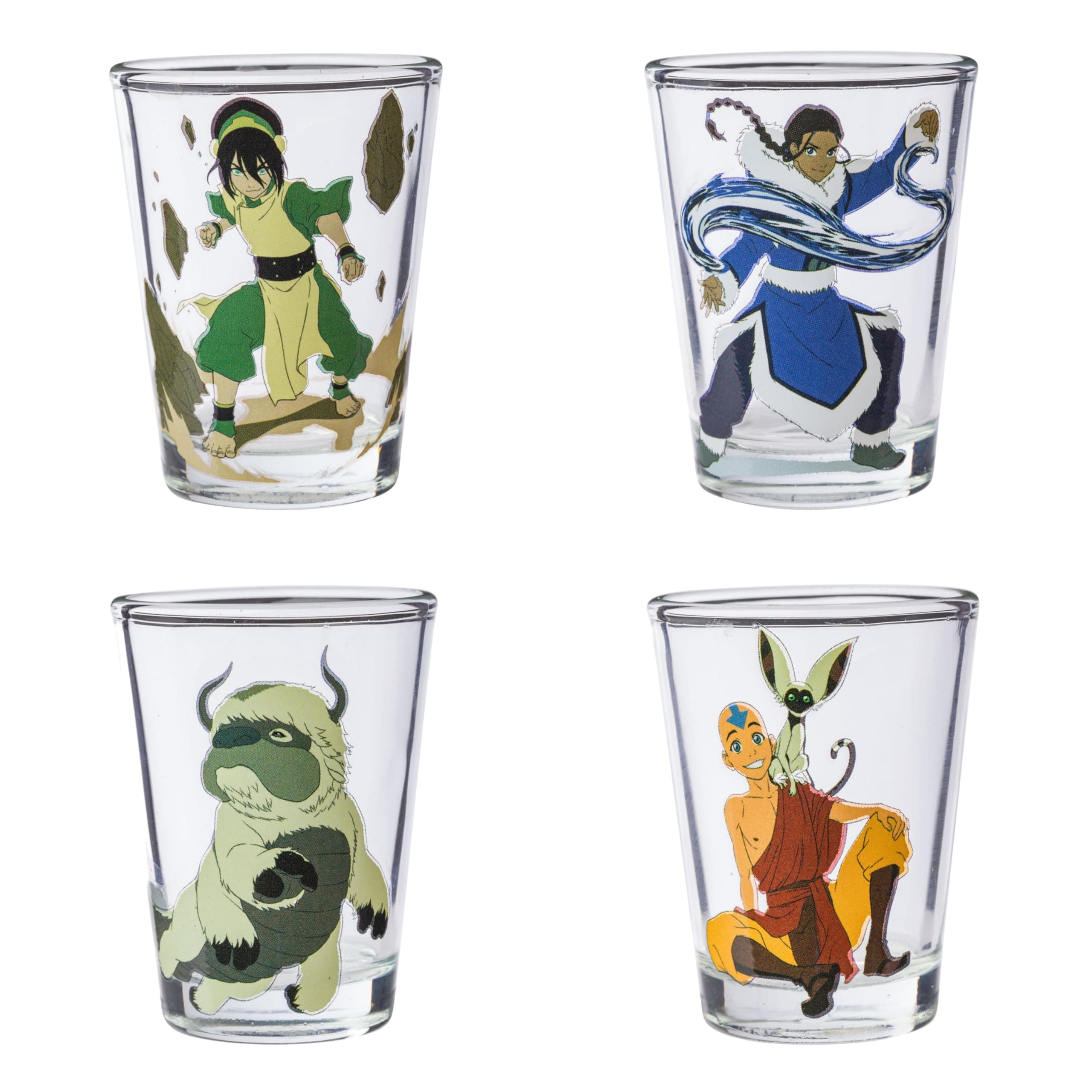 Silver Buffalo Avatar the Last Airbender Featuring Aang, Katara, Toph, Appa, and Momo 4 Pack Mini Glasses, 1.5 Ounces