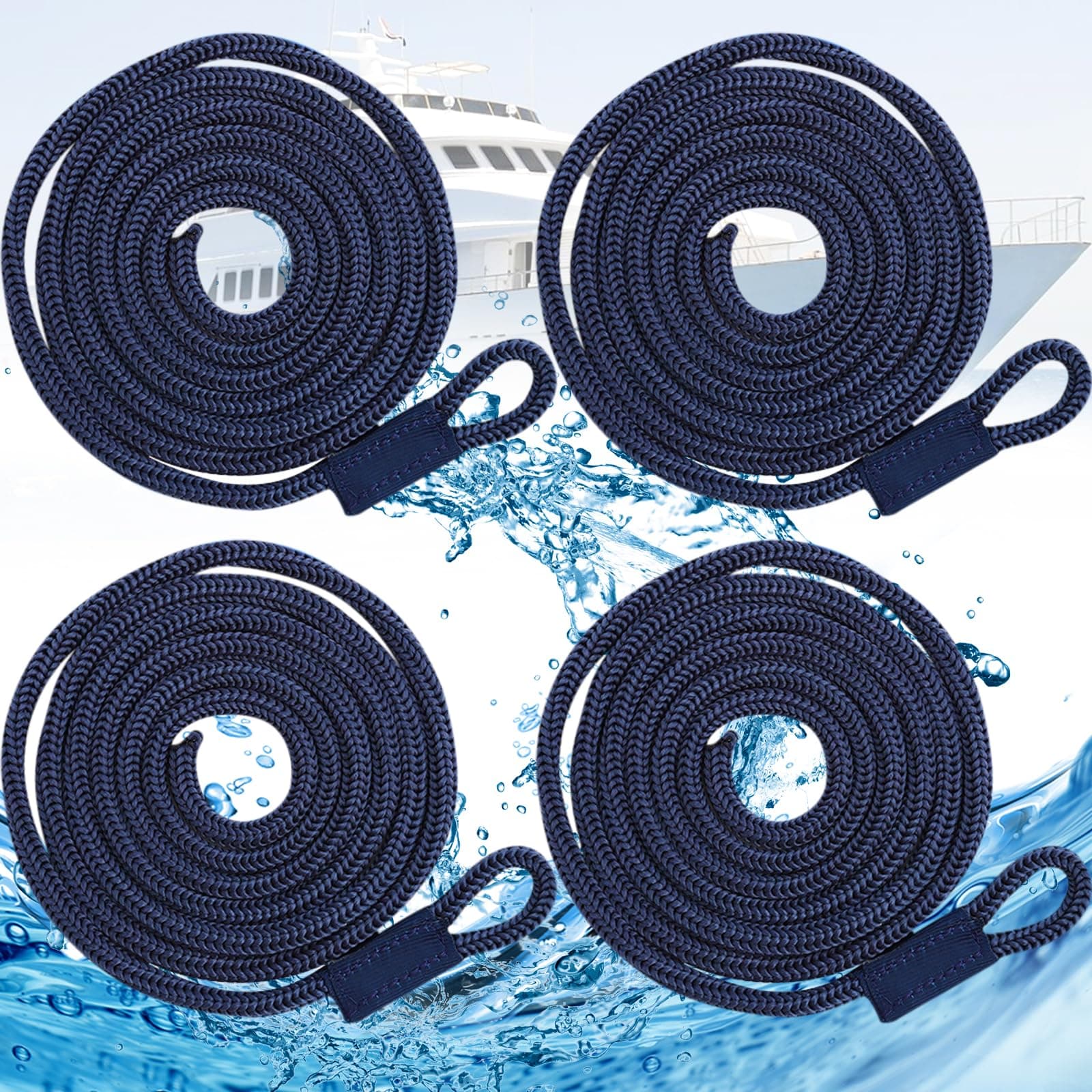 4 Pcs Boat Protective Ropes, Elastic Cord Mooring Dock Line with Eye - for Pontoon, Jet Ski, Kayak, Canoeing, Motor Boat, 6mm*1.5m, Navy Blue