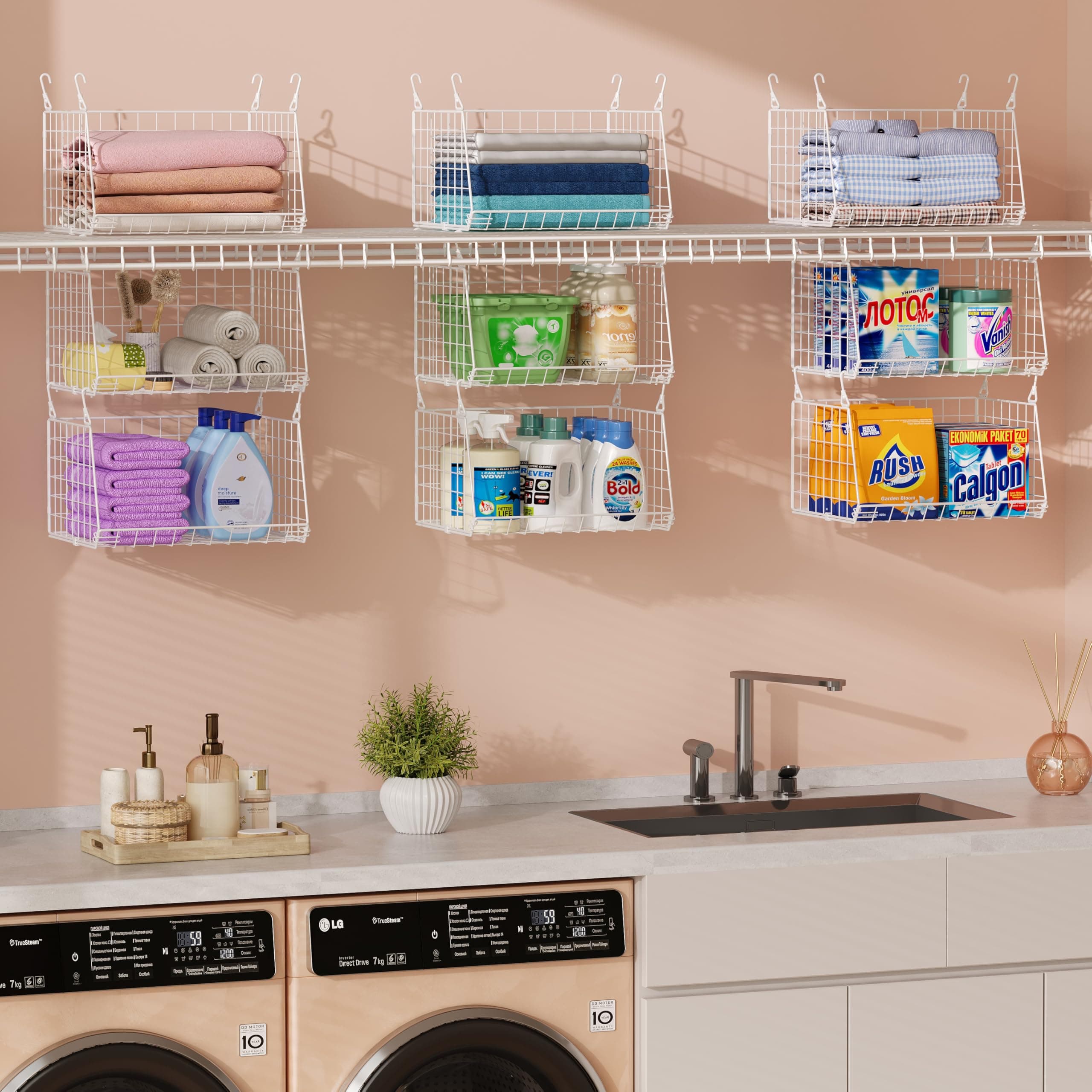 3-Tier Hanging Laundry Basket Organizer:Foldable Wire Shelf Laundry Room Organizer with 360°Rotating Hooks Small Space Solutions Pantry Baskets - Laundry Organization, White Patent