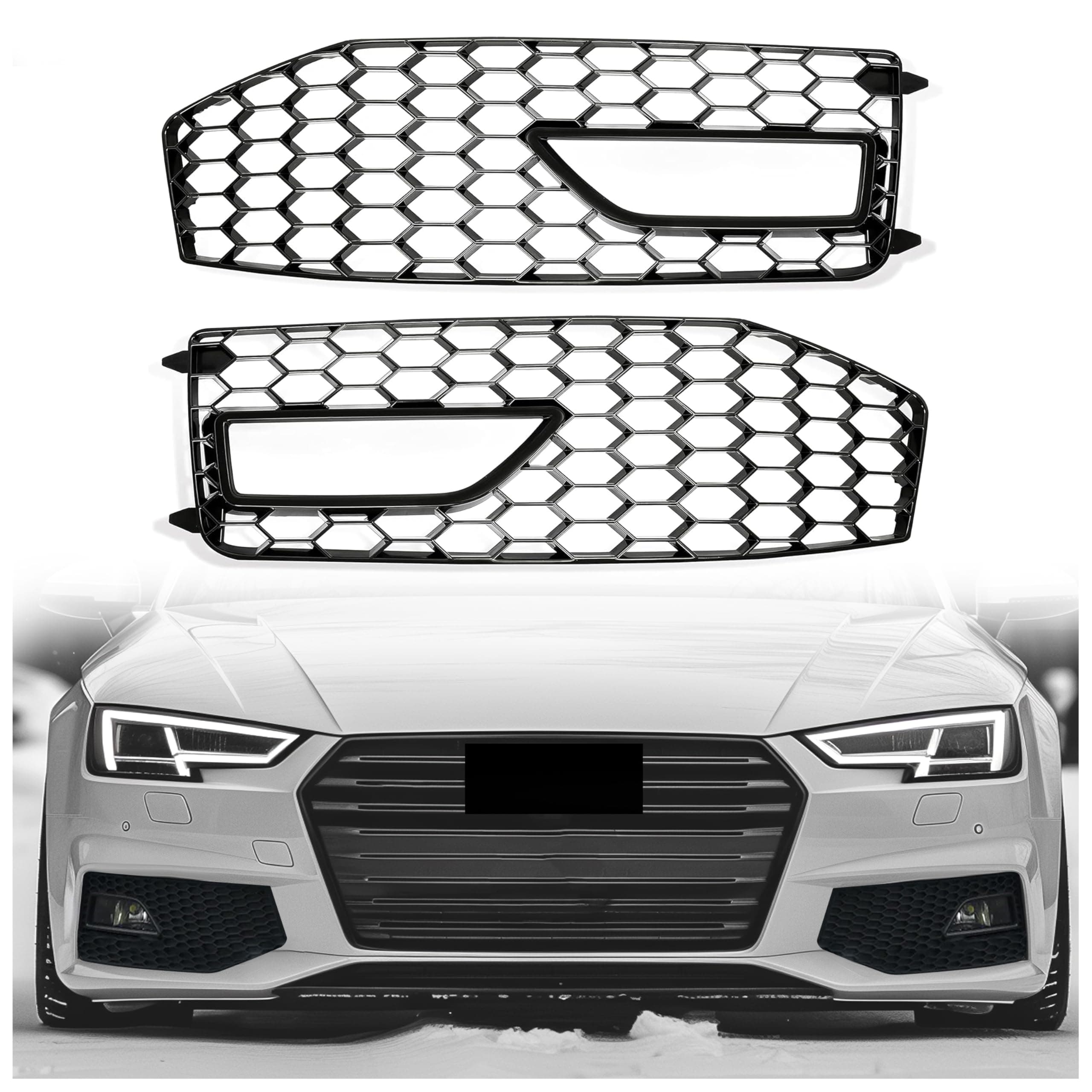 Kojem Front Fog Light Cover Compatible with 2013-2016 Audi A4 Quattro B8.5 A4 S-Line S4 Mesh Honeycomb Bumper Vent Lower Grille Bezel RS4 Style - Gloss Black Replacement for AU1038118 AU1039118
