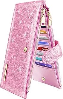 Womens RFID Blocking Glitter Leather Multi Card Organizer Bifold Black Wallet with Zipper Pocket,Pink Glitter