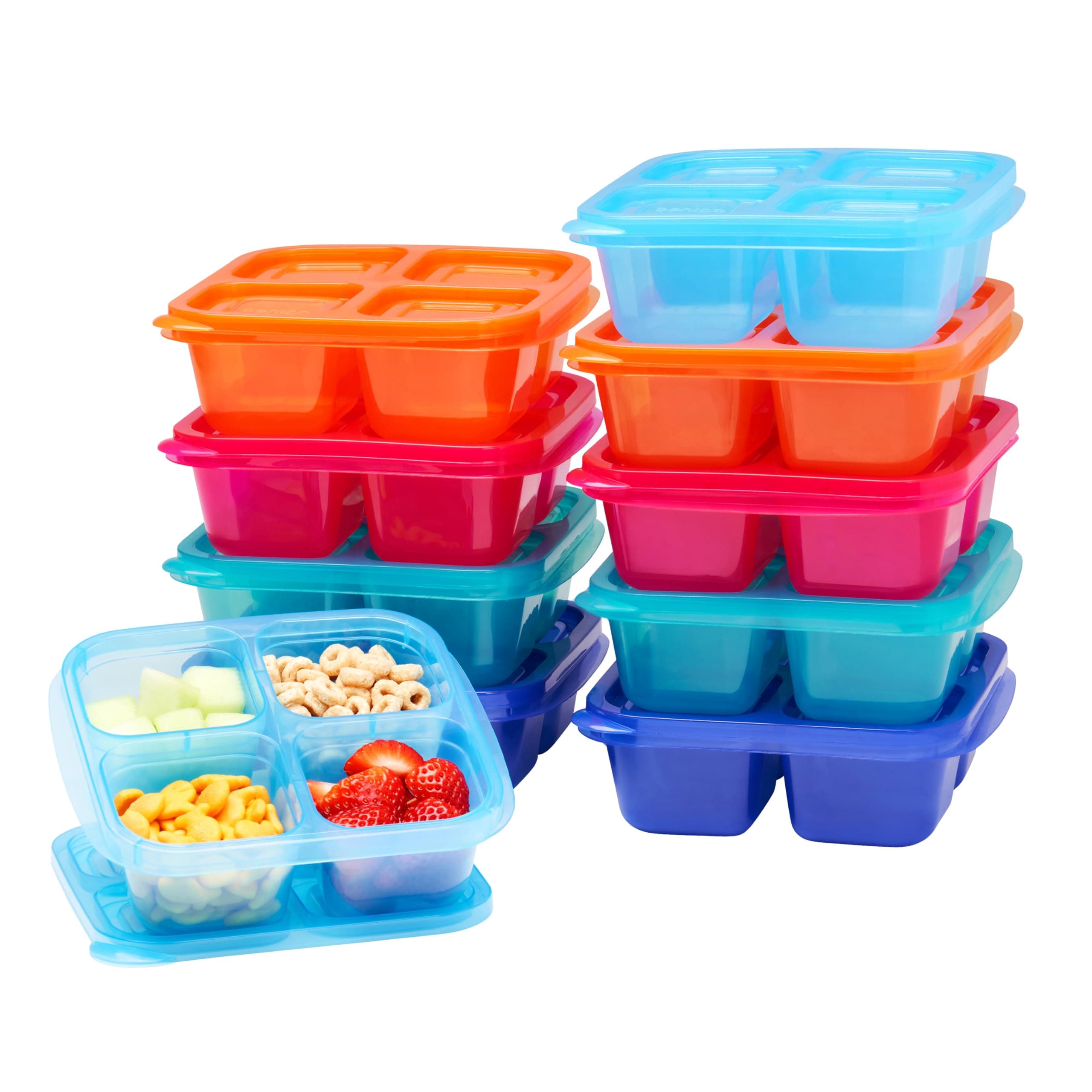 Easyboxes 4-Compartment Snack Containers - 20-Piece Set with 10 Trays & 10 Custom-Fit Lids to Seal in Freshness - Reusable Food Storage & Meal Prep Bento BPA-Free Containers (Jewel Brights)