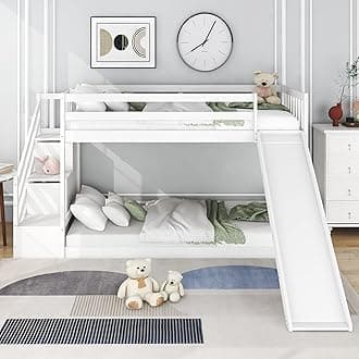 BTM Bunk Bed with Stairs and Slide, Solid Pine Wood Frame, Children Bed with 2 Drawers in the Steps (White, 3FT Single*2)