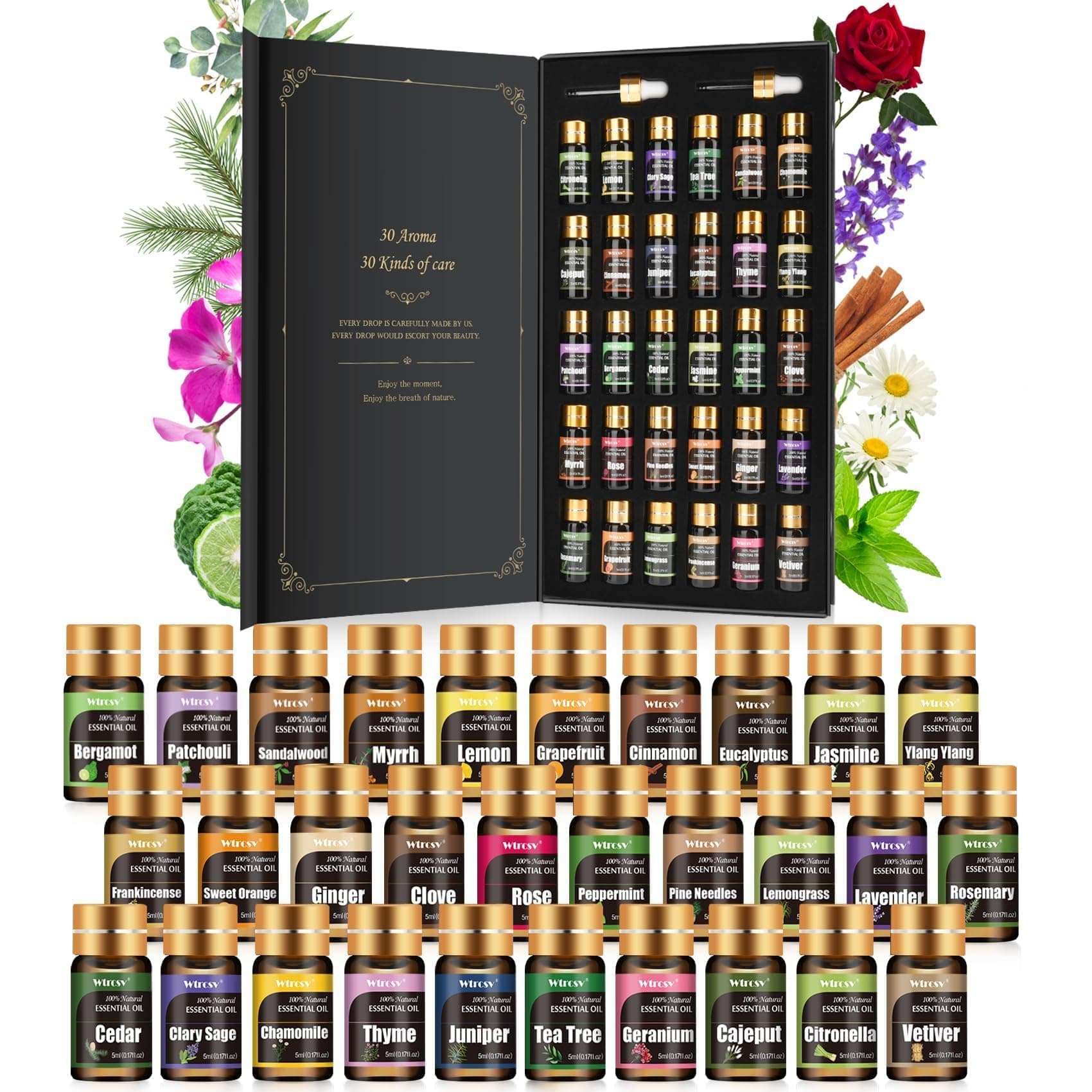 Essential Oils Gifts Set - 30 Unique Scents - Perfect for Diffuser, Humidifier,Aromatherapy, Massage,Skin & Hair Care,30x5 ml