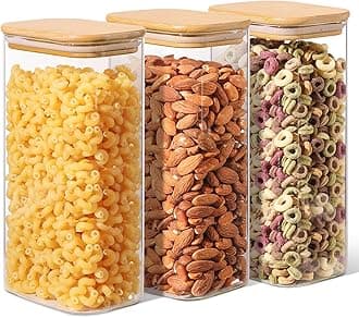 ComSaf 1.7L Rectangle Glass Storage Containers with Lids, Glass Jars with Bamboo Lids, Clear Food Storage Jar, Sugar Coffee Containers, Pantry Storage Container for Pasta Flour Oats Nuts