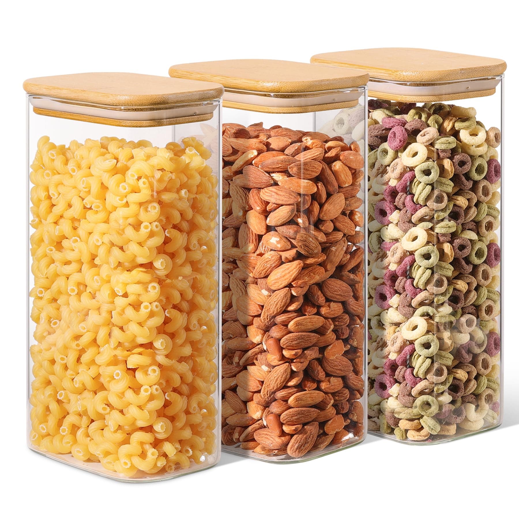 ComSaf 1.7L Rectangle Glass Storage Containers with Lids, Glass Jars with Bamboo Lids, Clear Food Storage Jar, Sugar Coffee Containers, Pantry Storage Container for Pasta Flour Oats Nuts