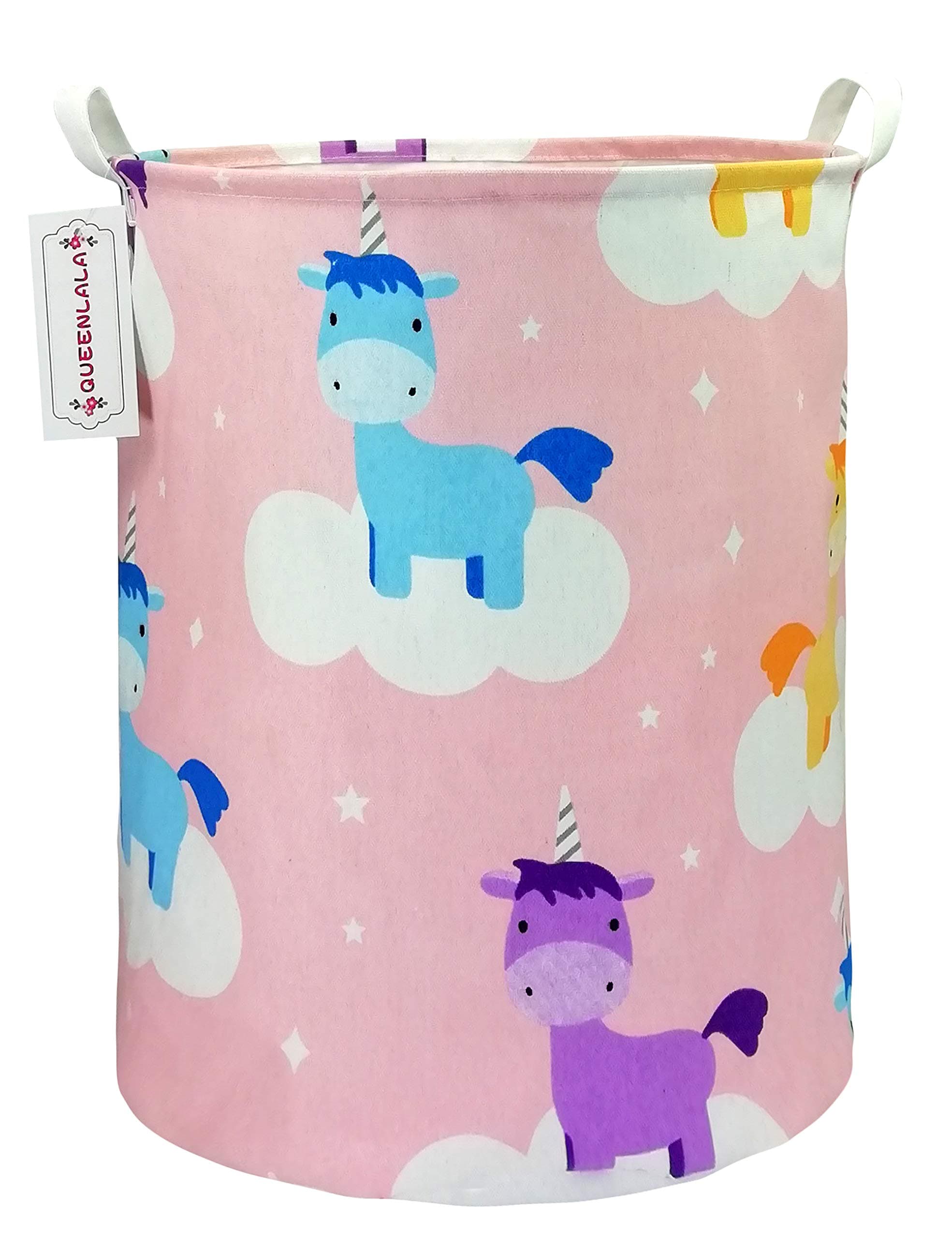 QUEENLALA Large Storage Basket,Laundry Hamper/Bathroom/Home Decor/Collapsible Round Storage Bin,Boys and Girls Hamper/Boxes/Clothing(Pink Unicorn)
