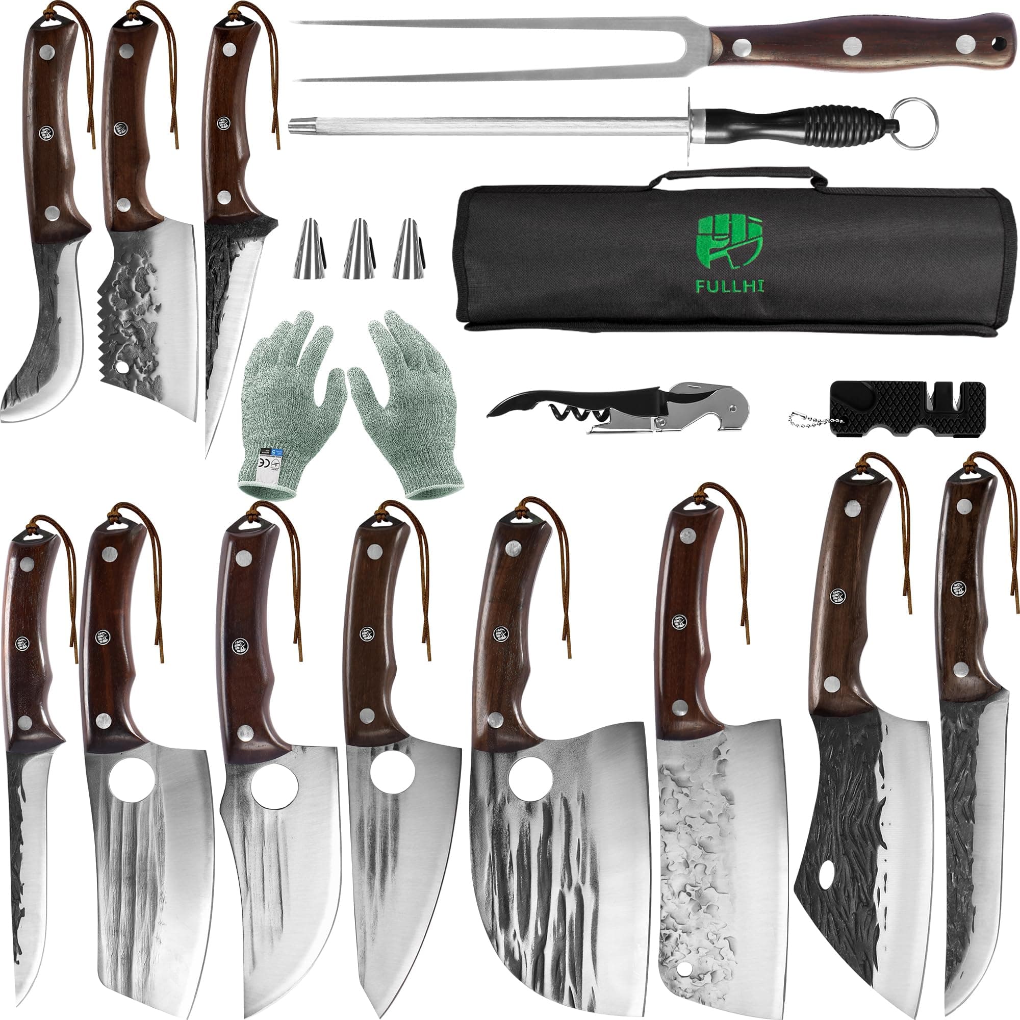 17pcs Butcher Chef Knife Set include sheath High Carbon Steel Cleaver Kitchen Knife Whole Tang Vegetable Cleaver Home BBQ Camping with Knife Bag