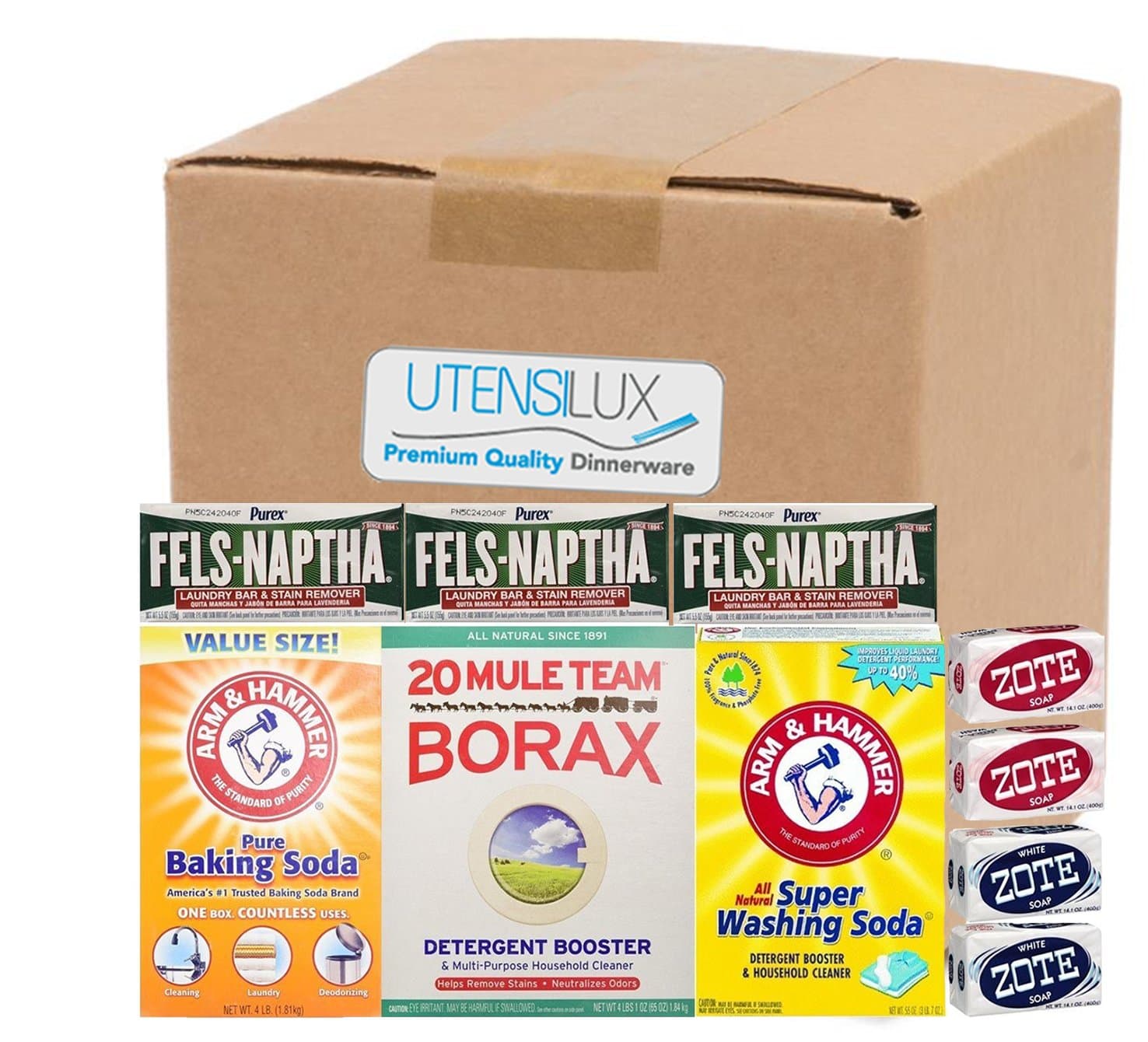 Laundry Kit - Fels Naptha 3 Bars, 20 Mule Team Borax Natural Booster, Baking Soda, Super Washing Soda, 2 Zote White & 2 Zote Pink Soap Bars