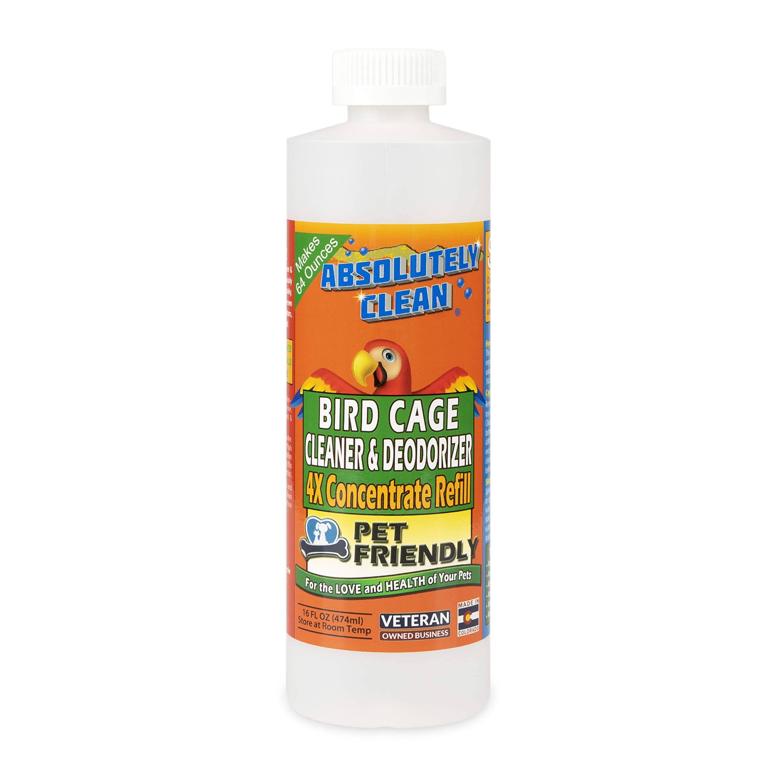 Absolutely Clean Amazing Bird Cage Cleaner and Deodorizer - Just Spray/Wipe - Safely & Easily Removes Bird Messes Quickly and Easily - USA Made - Fragrance Free (4X Concentrate - 16oz Makes 64oz)