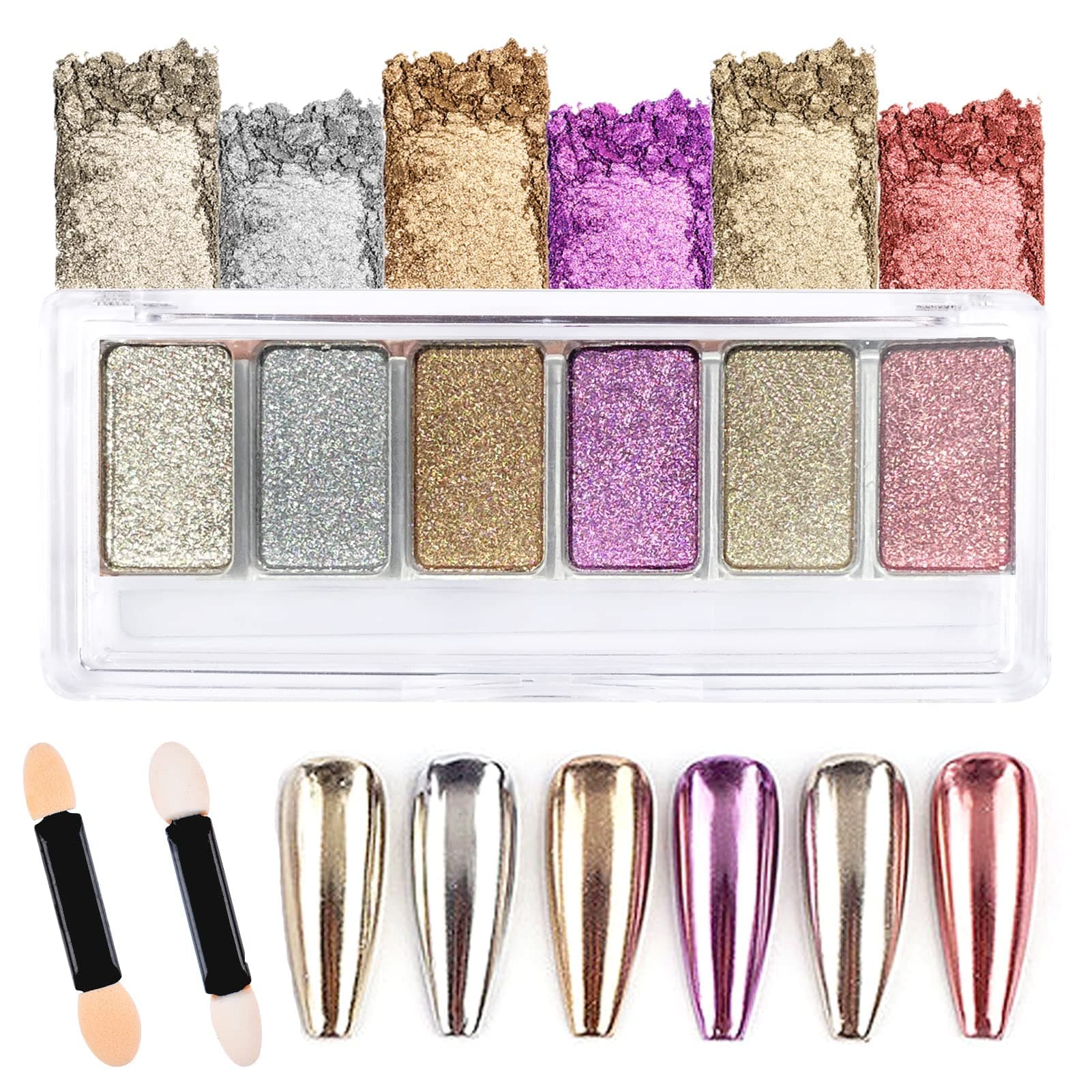 MAKINGTEC Chrome Nail Powder Palette - Metallic Mirror Effect for Nails, Rose Gold Silver Pink Holographic Glitter Pigment for DIY Salon Nail Art Decorations
