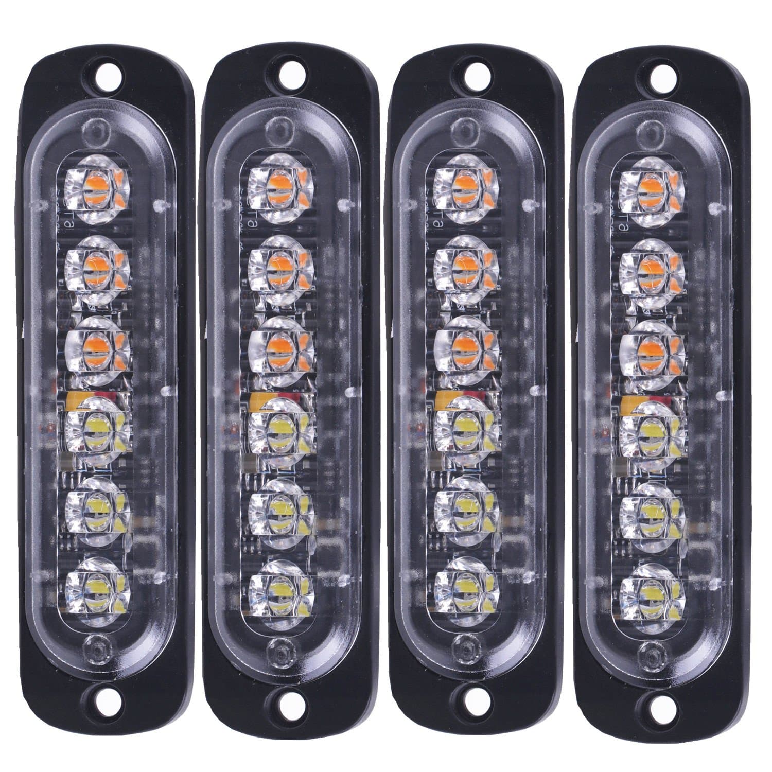 6 LED 4pcs Universal Super Bright Car Truck Warning Caution Emergency Construction Surface Mount Waterproof Beacon Flash Caution Strobe Light Bar (Amber & White)