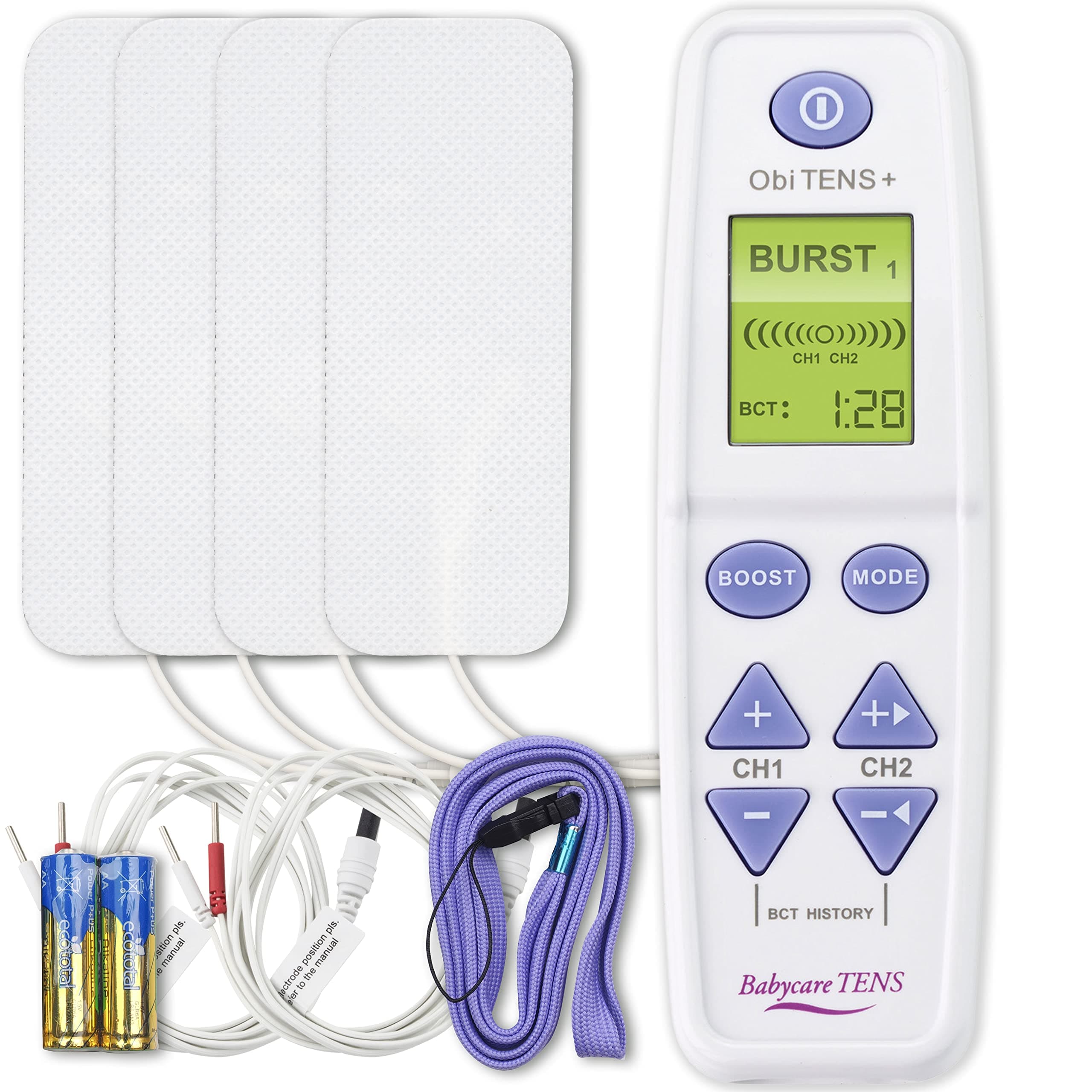 OBI TENS Plus, Maternity TENS Machine for Pain Relief During Labour & Childbirth | 2 Programmes | Integrated Boost Button | Contraction Timer | 4 Large Pads