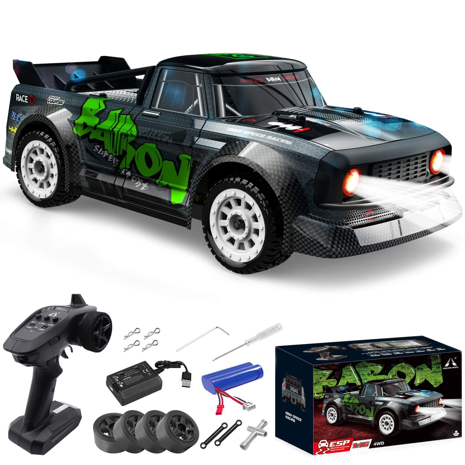 fisca 1/16 Remote Control High Speed Car, 4WD RC Drifting Racing Cars Fast 20MPH Truck 2.4Ghz Off-Road 4X4 Buggy Car Speed & Steering Control Vehicle Toy with Lights for Kids and Adults, Black