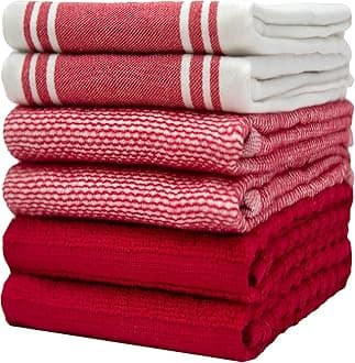 Premium Kitchen Towels (20”x 28”, 6 Pack) | Large Cotton Dish Towels | Flat & Terry Highly Absorbent Kitchen Linen Set with Hanging Loop | Wide Stripe Red