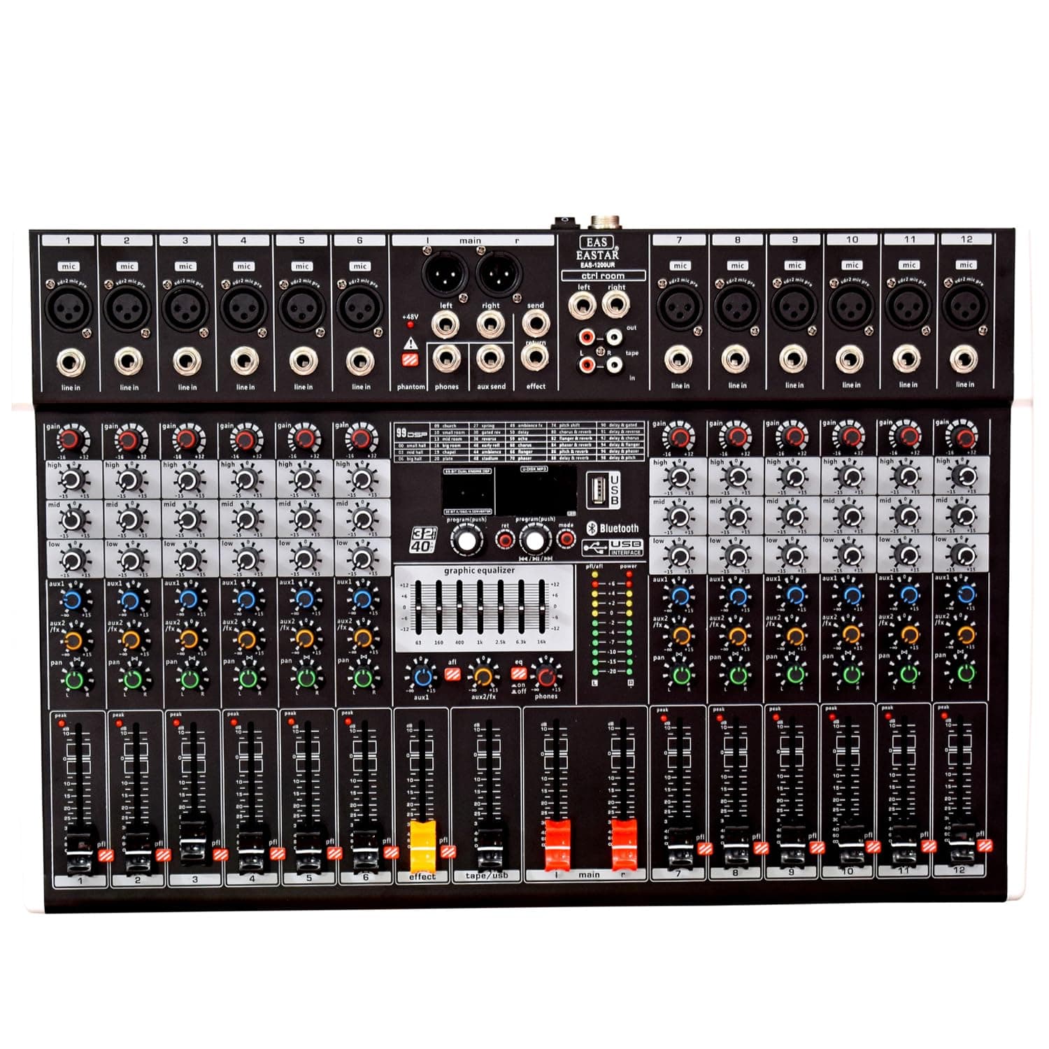 kh Professional Audio Mixer 12 Channels 3-Band EQ Audio Music Mixer Mixing Console With Bluetooth MP3 USB 99-Bit DSP 48V Phantom Power for Recording DJ Studio Streaming Stage Karaoke (12 Channel)