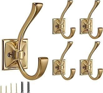 5 Pack Decorative Heavy Duty Towel Hooks for Hanging Robe Double Champagne Bronze Coat Hooks Wall Mounted with Screws for Key, Towel, Bags, Cup, Hat