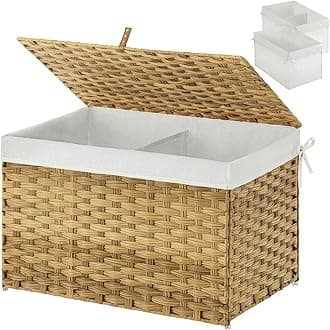 Storage Basket with Lid, 27.7 Gallon(105L) Lagre Wicker Blanket Storage Basket with Handles, Foldable, 2 Removable Liner Bags, Metal Frame, for Bedroom, Laundry Room, Natural