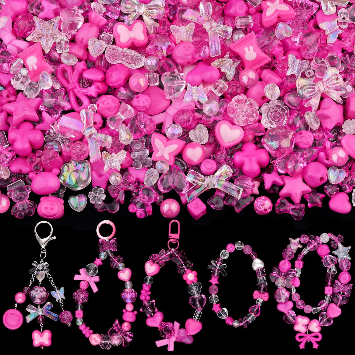 200-260PCS TINKRSTUFF Assorted Rose Pink Acrylic Beads for Bracelet Making, Cute Beads for Jewelry Making Flower Bow Butterfly GummyBear Aesthetic Bracelet Charms,DIY Necklace Keychain Phone Charm