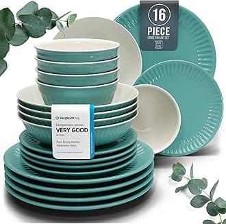 16-Piece Dinnerware Set - Bowl and Plate Set - Stoneware Dining Set for 4 People - Dishwasher and Microwave Safe - Grooved Dining Service in Green