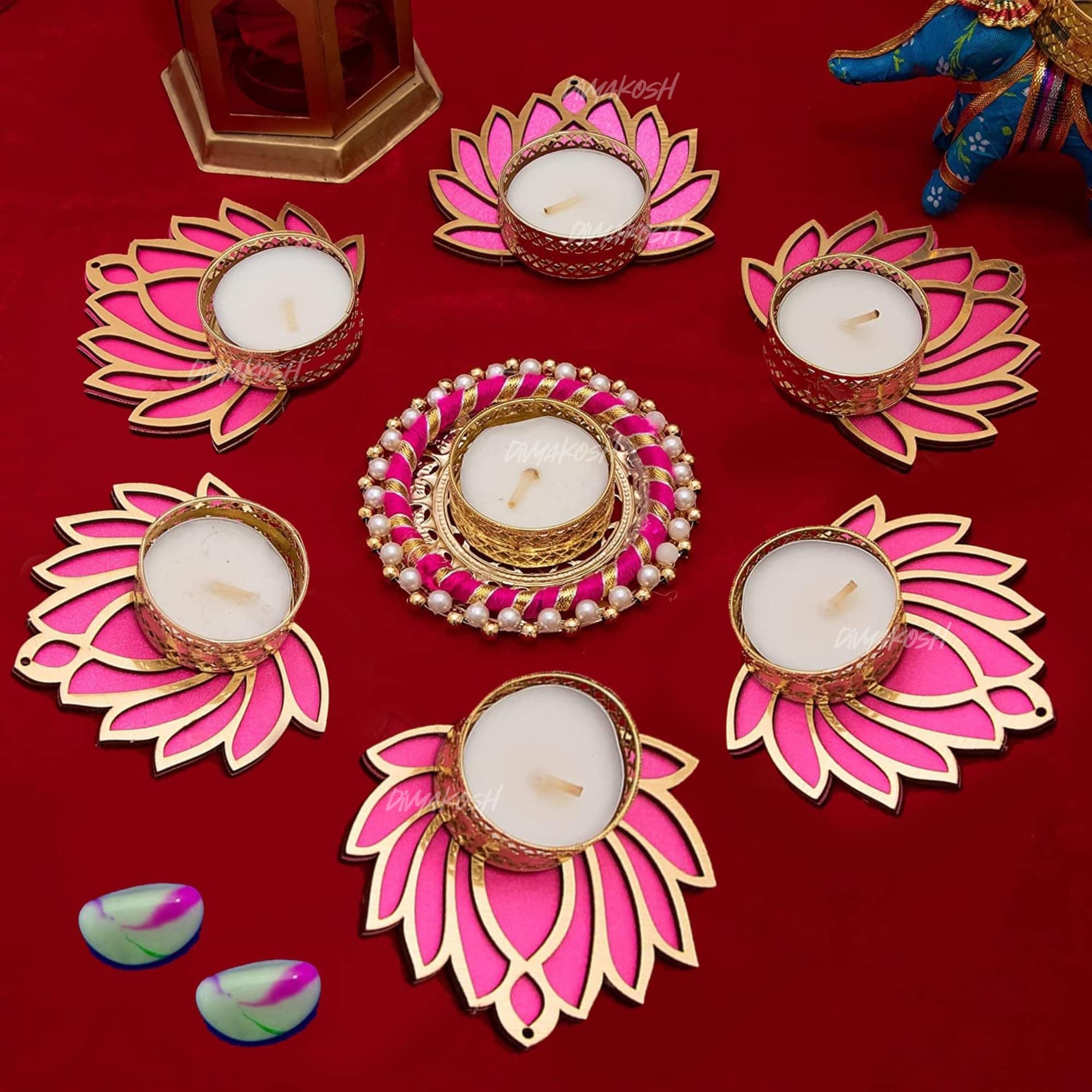 Divyakosh MDF Wood Rangoli Tealight for Diwali, Event Decoration, Home Decoration, Wedding and Religious Festival (Lotus Decor - 7 Pc)