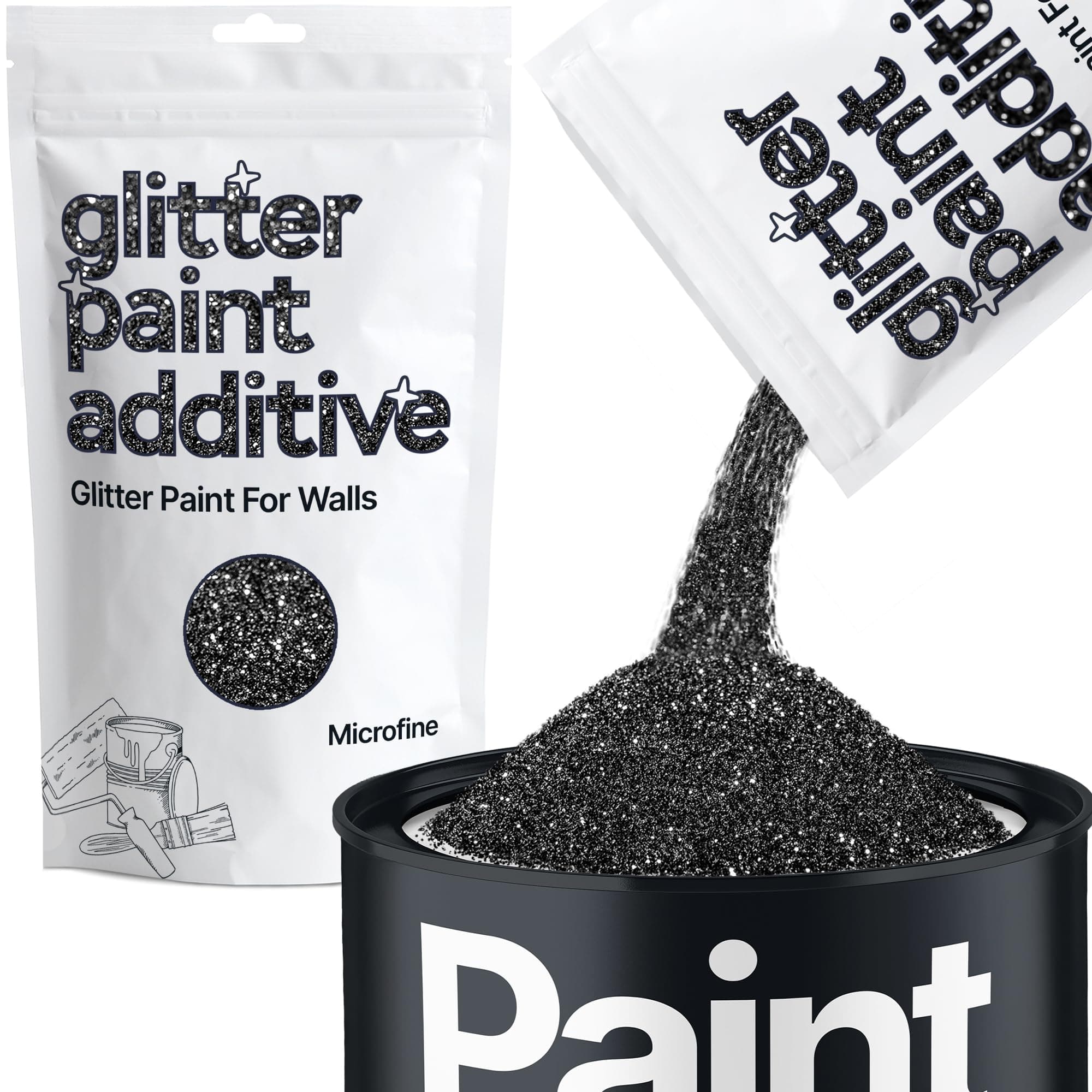 Black Glitter Paint Additive for Walls Microfine 100g / 3.5oz | Glitter Additive Sparkle for Interior & Exterior Wall Paint, Furniture, Varnish | Hemway