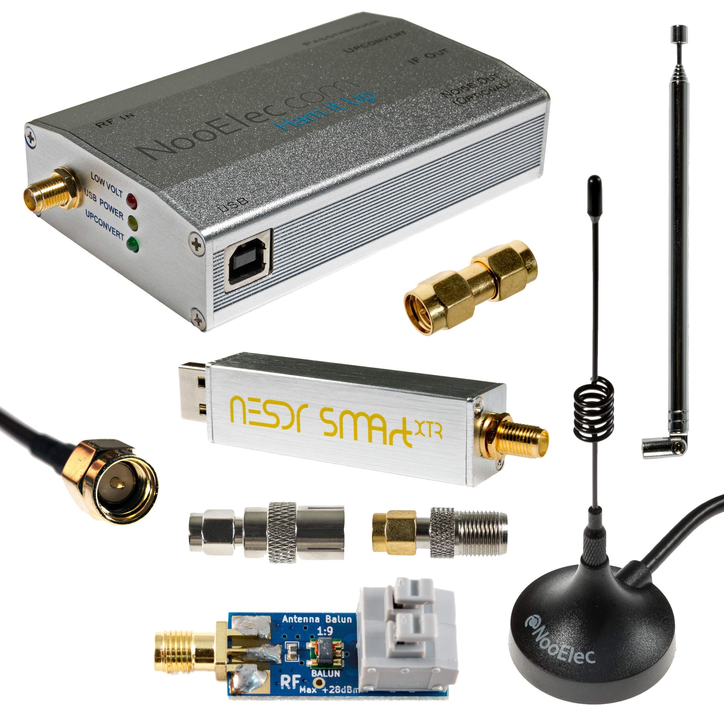 NESDR Smart XTR HF Bundle: 300Hz-2.3GHz Software Defined Radio Set for LF/HF/UHF/VHF. Includes NESDR Smart XTR RTL-SDR, Ham It Up Plus v2 Upconverter, 3 Antennas, Balun, Adapters