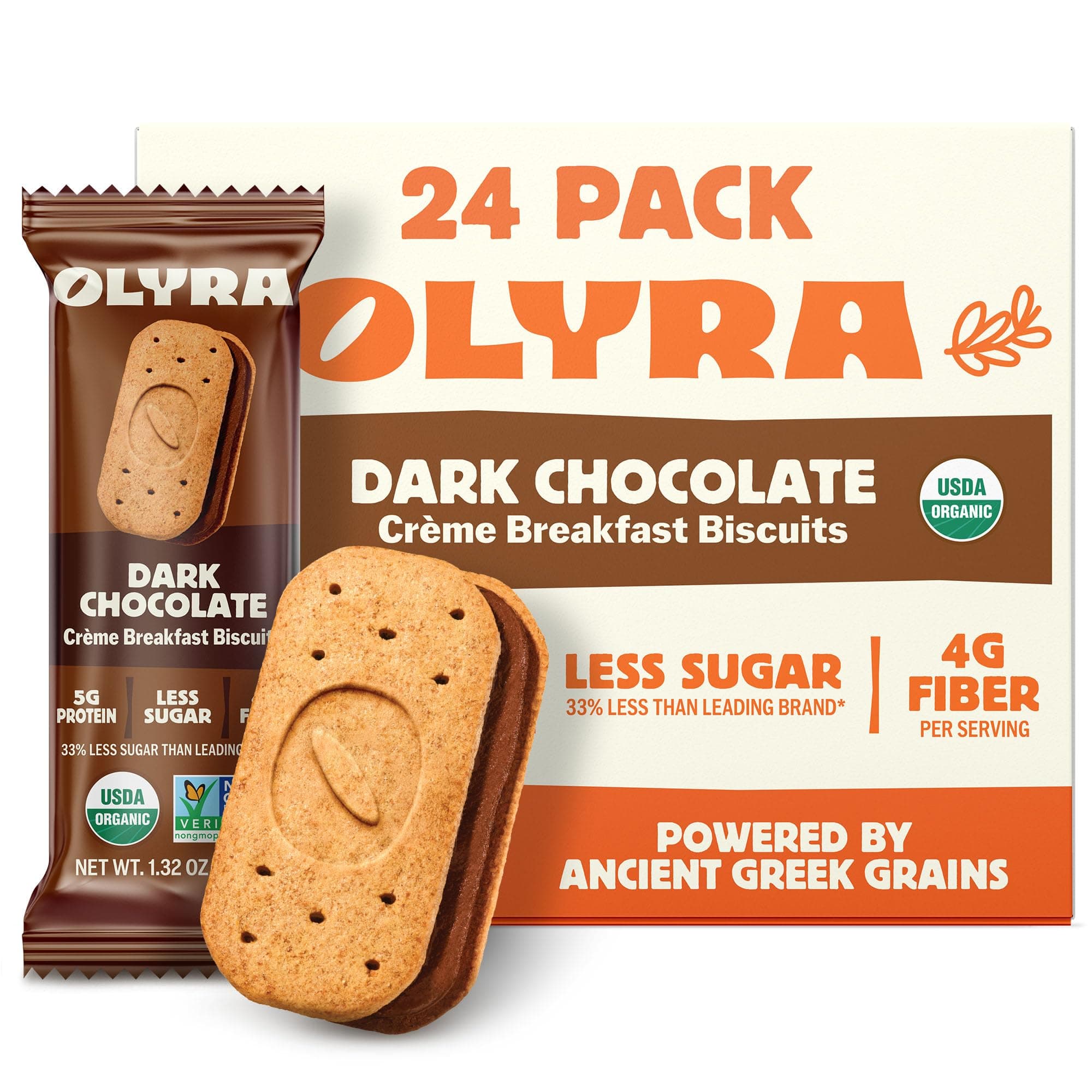 Olyra Dark Chocolate, Sandwich Breakfast Biscuits, Healthy Snacks for Adults and Kids, Low Sugar, High Fiber, Organic Vegan Cookies, with Ancient Greek Grains, USDA Certified Organic, Non GMO, 24 Packs