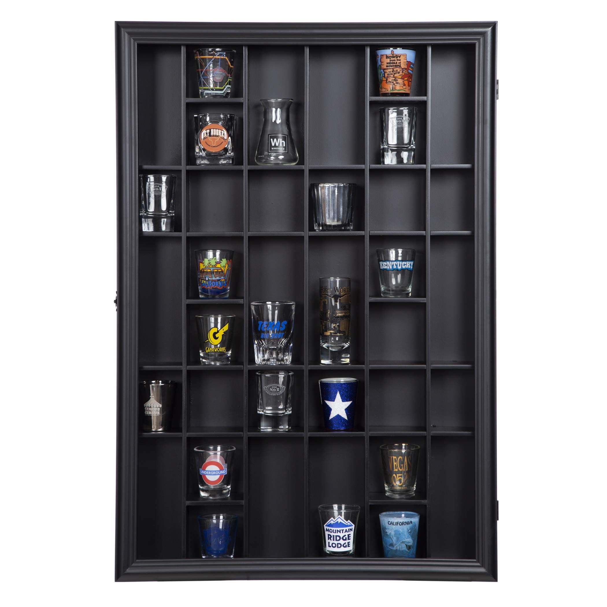 Gallery Solutions - Black Wall-Mounted - Curio & Shot Glass Display Case - 17"x26" Glass Door - Bar Accessories - Collectible - Miniature Glassware - Bar Accessories