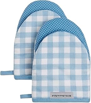 KitchenAid Gingham Mini Oven Mitt 2-Pack Set, Blue Velvet, 5.5"x8"