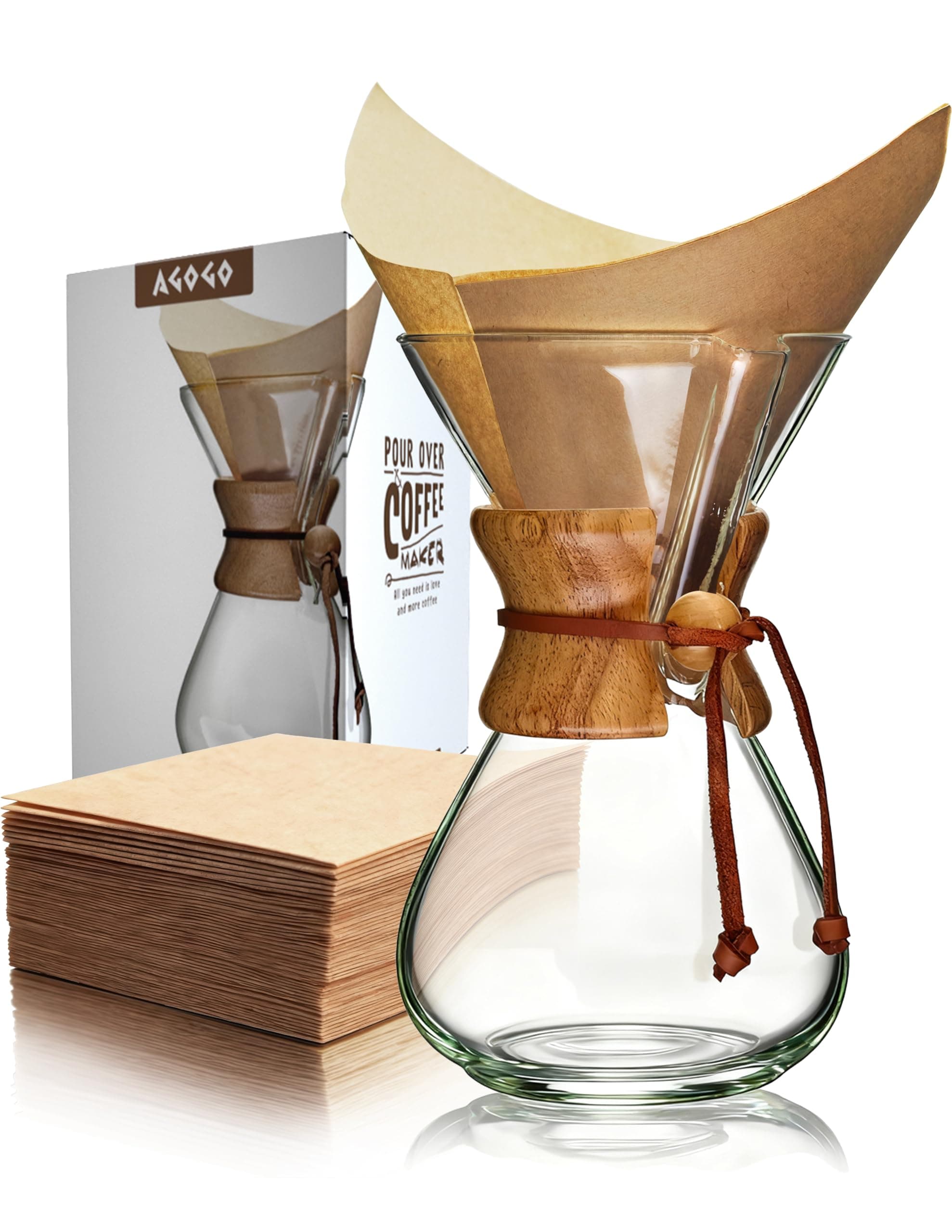 Pour Over Coffee Maker Set Glass Coffee Maker with 50pcs Filter Paper -for Home, Office, Camping, Cafes - Easy Clean Coffee Dripper Set (Rag&Brush Included) (8 Cup/28 oz)
