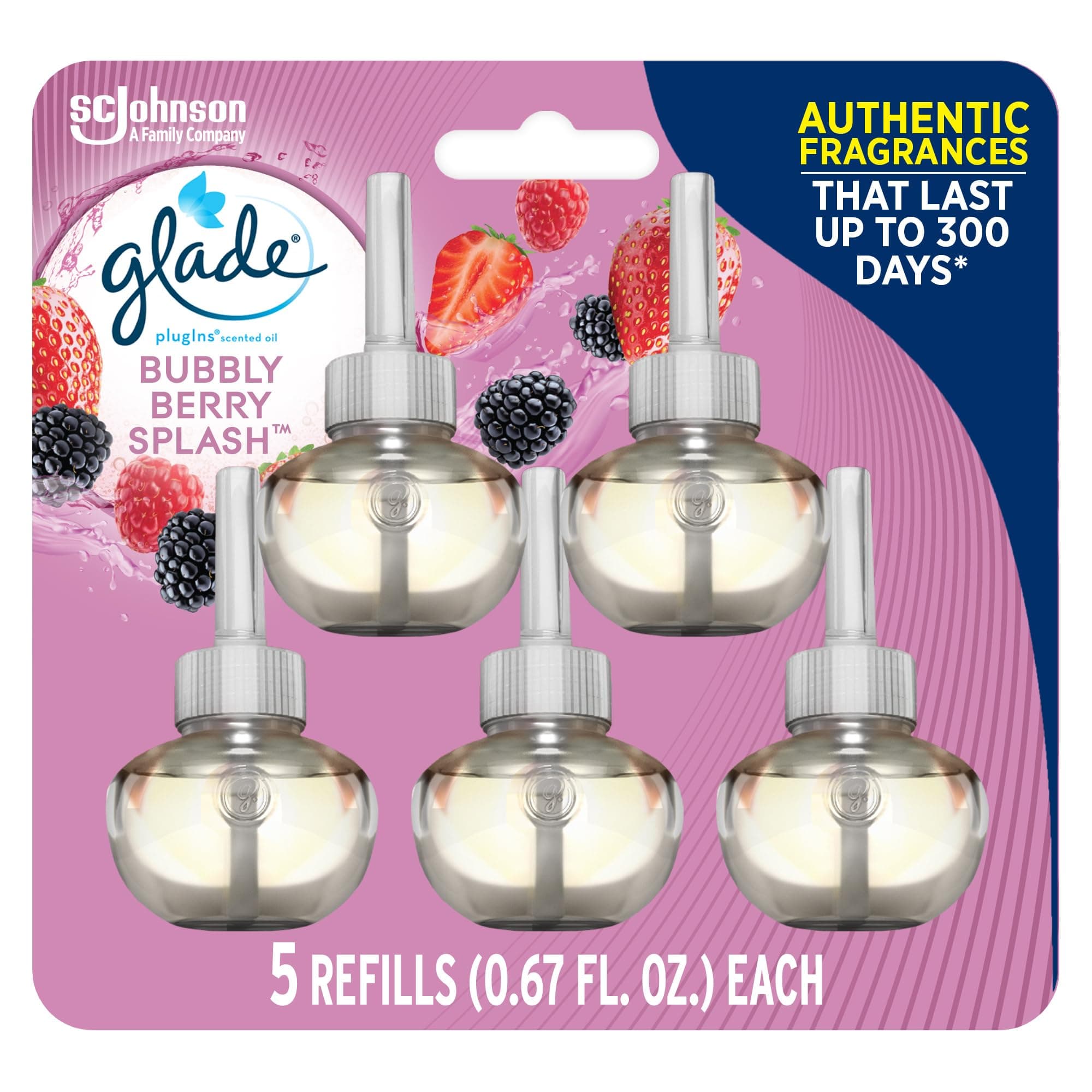 Glade PlugIns Refills Air Freshener, Scented and Essential Oils for Home and Bathroom, Bubbly Berry Splash, 3.35 Fl Oz, 5 Count