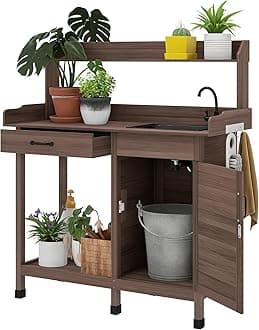 Potting Bench Table with Sink, Outdoor Work Bench Table with Storage Cabinet, Hooks, Removable Sink, Faucet and Drawer for Greenhouse, Garden, Patio, Dark Brown