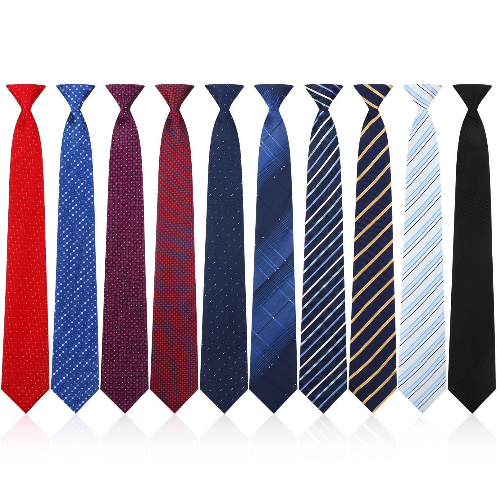 10 Pcs 20 Inch Clip on Ties for Men Pre Tied Uniform Easy Necktie Mixed Plaid Striped Dots Solid Color Men's Ties with Buttonholes for Office School, 10 Styles