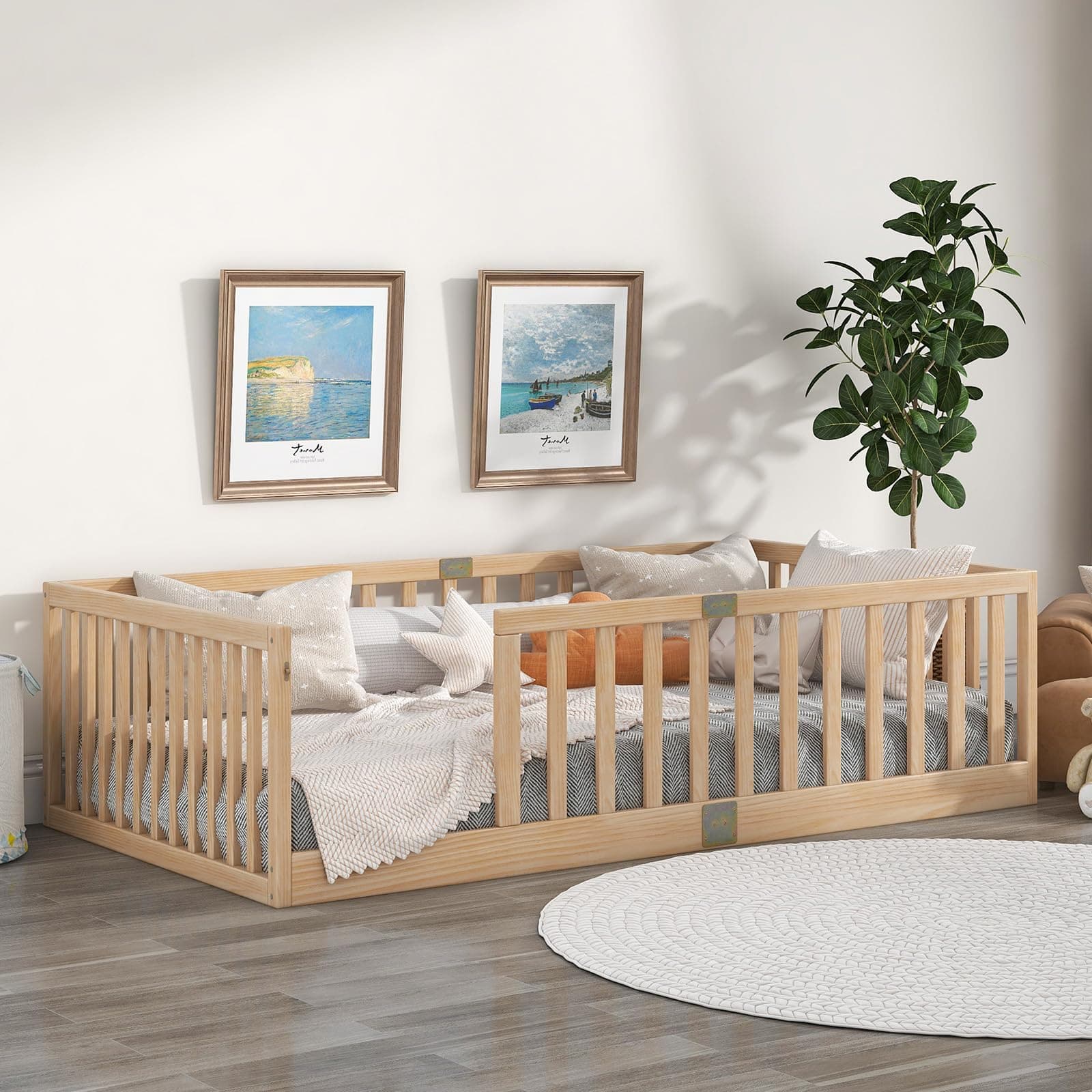 Tatub Twin Montessori Floor Bed with High Rails, Solid Wood Montessori Bed Frame for Kids, Entry Can Install Left and Right, Twin-Nature